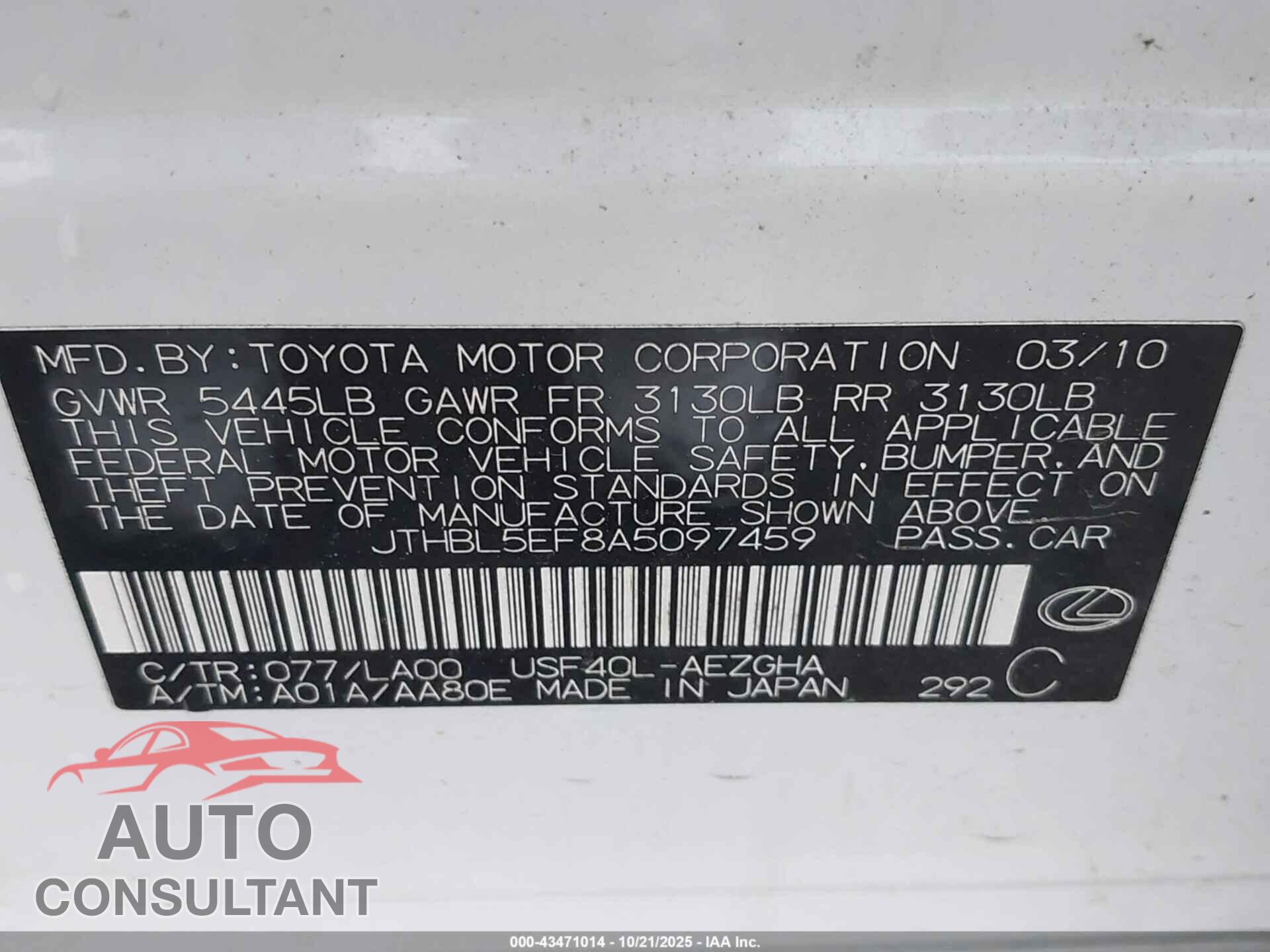 LEXUS LS 460 2010 - JTHBL5EF8A5097459