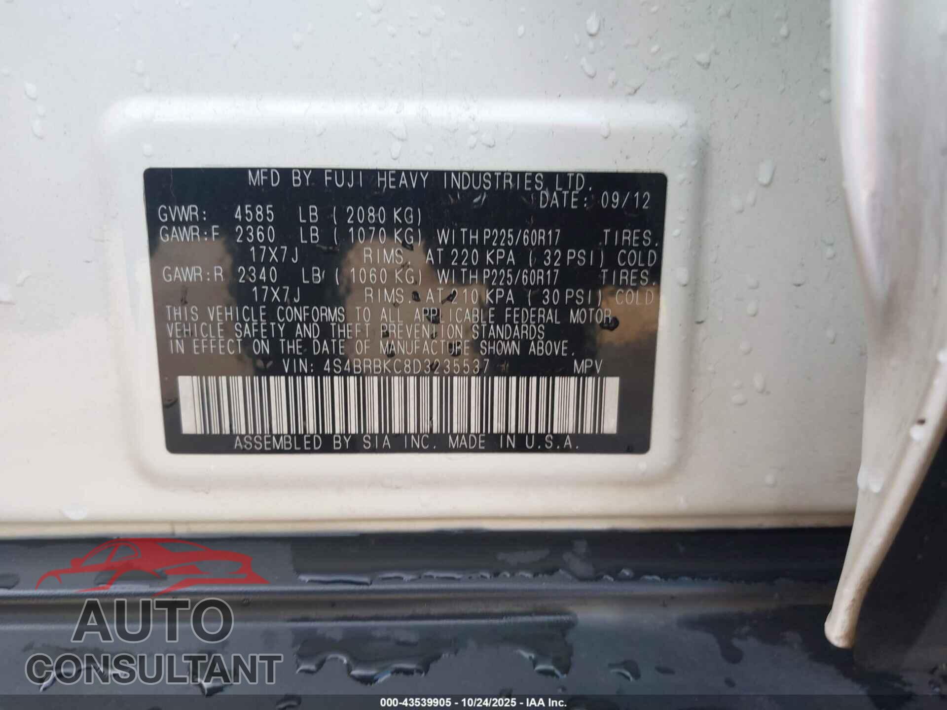 SUBARU OUTBACK 2013 - 4S4BRBKC8D3235537