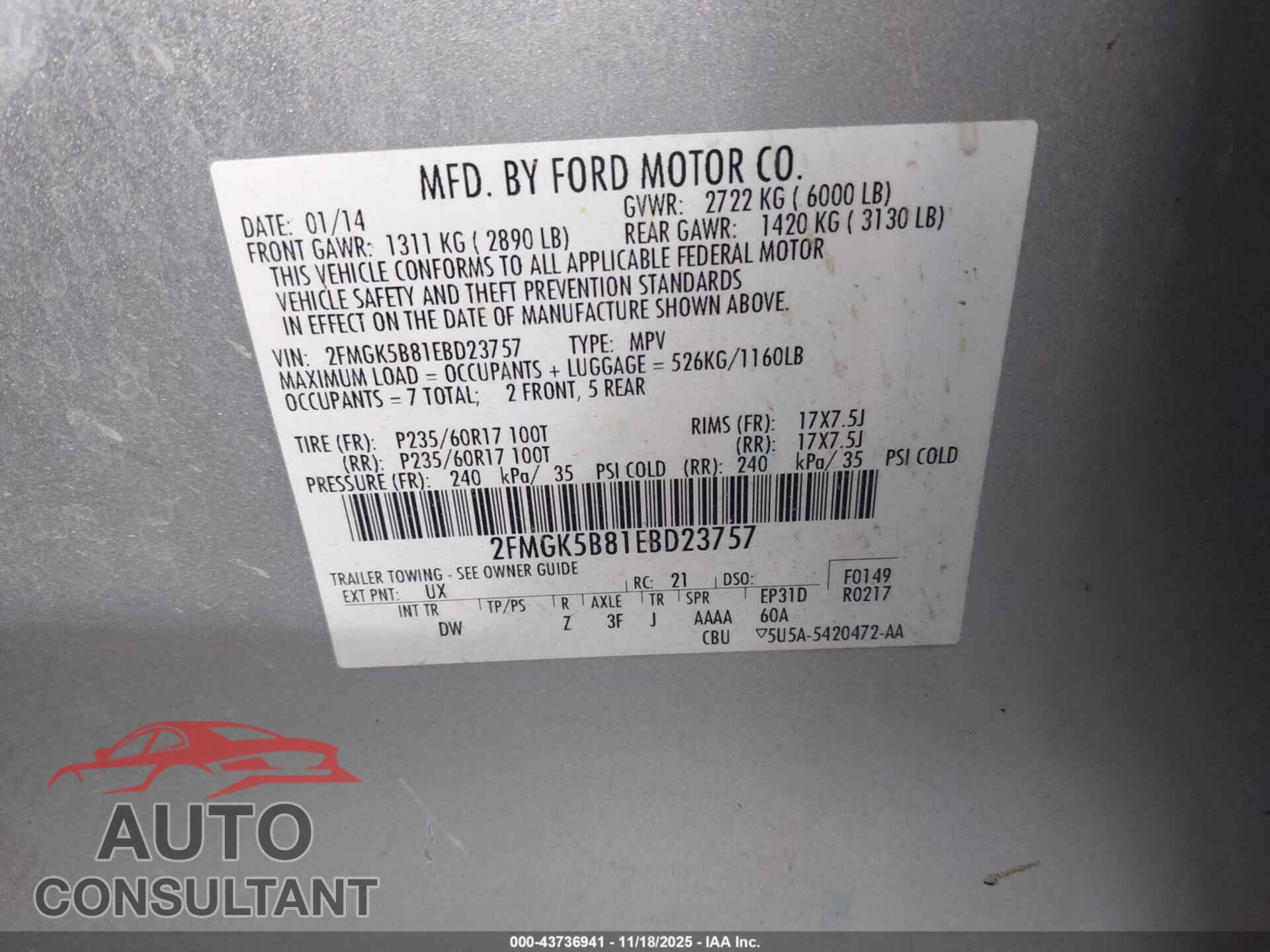 FORD FLEX 2014 - 2FMGK5B81EBD23757