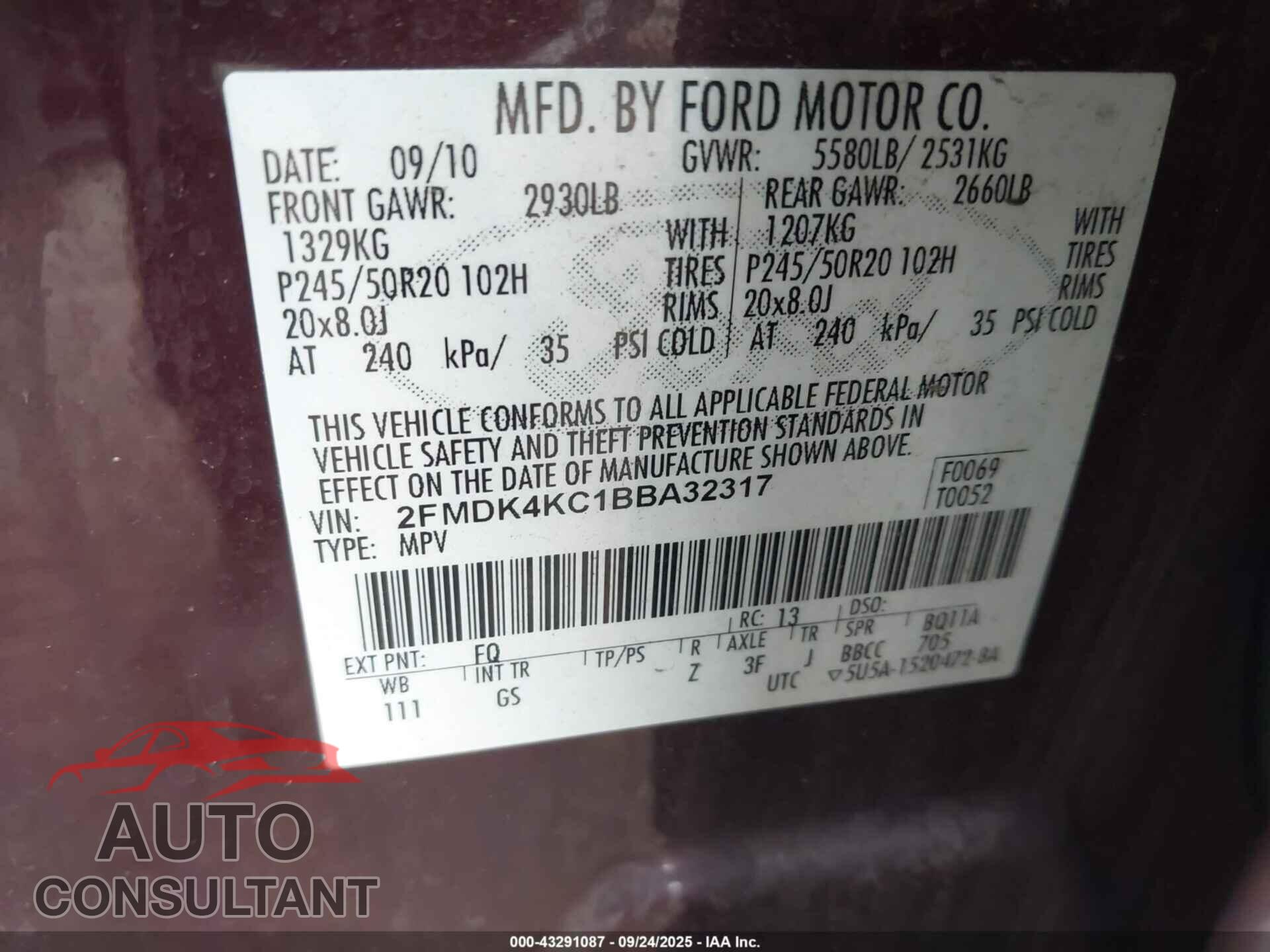 FORD EDGE 2011 - 2FMDK4KC1BBA32317