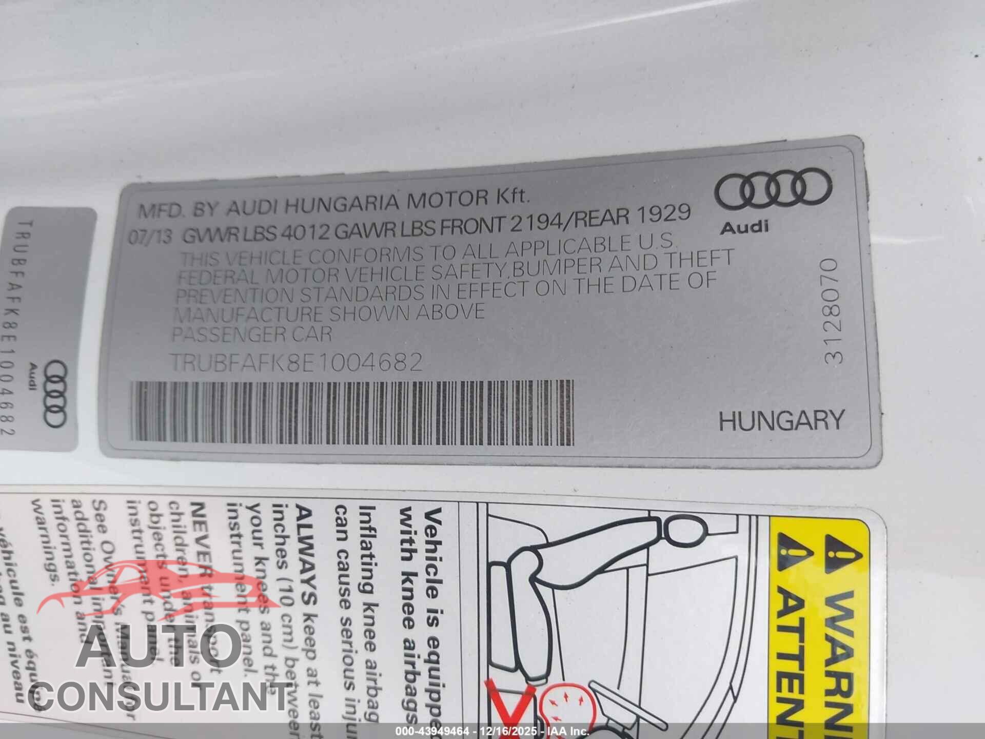 AUDI TT 2014 - TRUBFAFK8E1004682