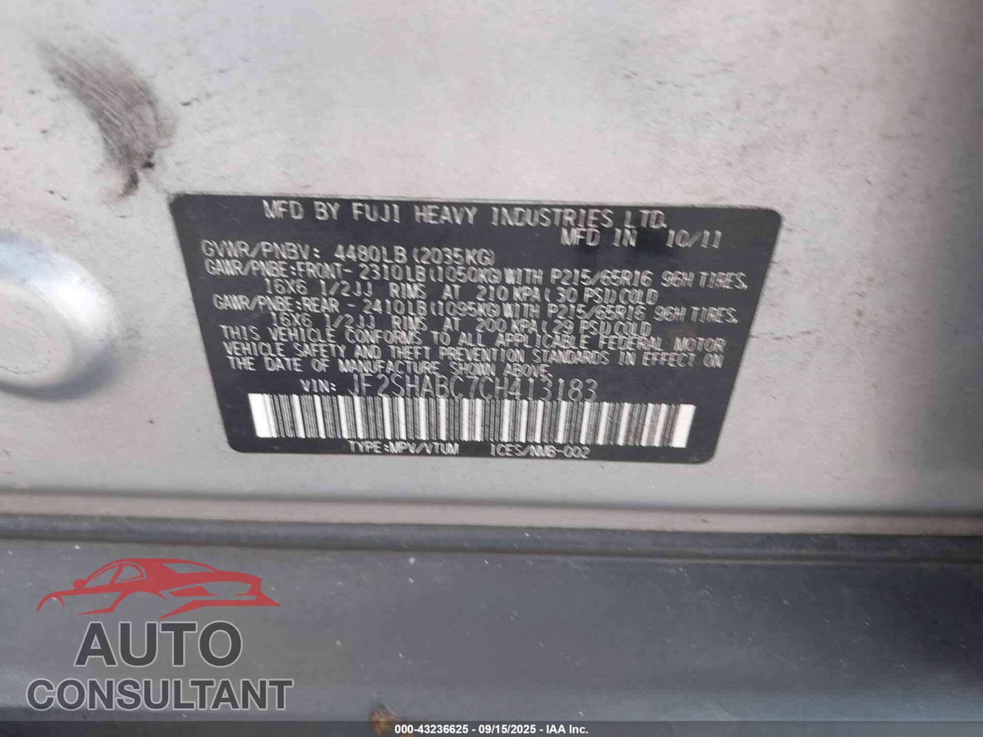 SUBARU FORESTER 2012 - JF2SHABC7CH413183
