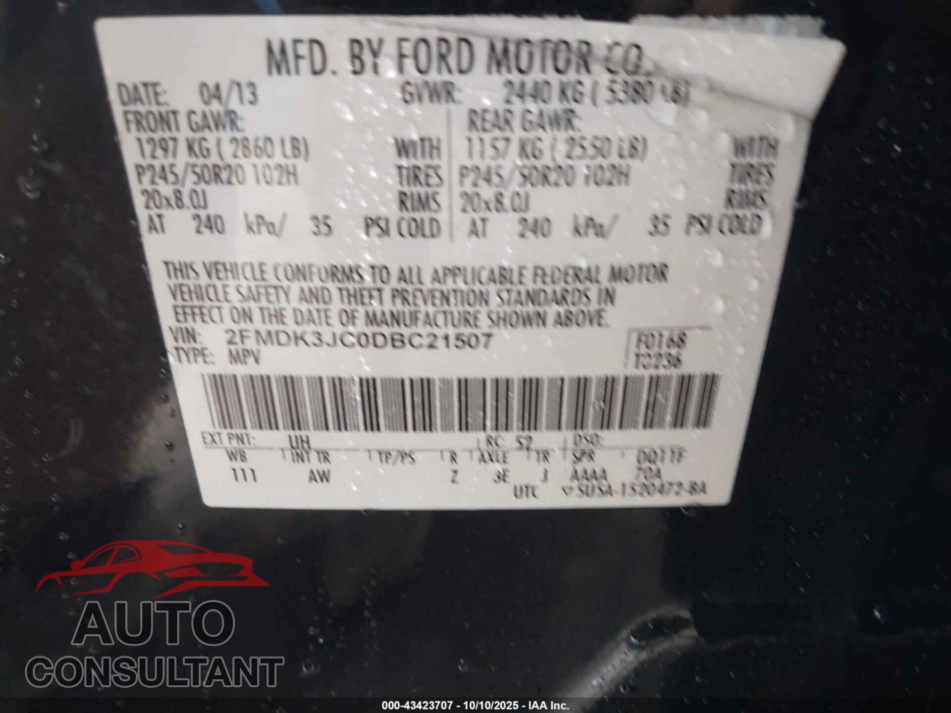 FORD EDGE 2013 - 2FMDK3JC0DBC21507