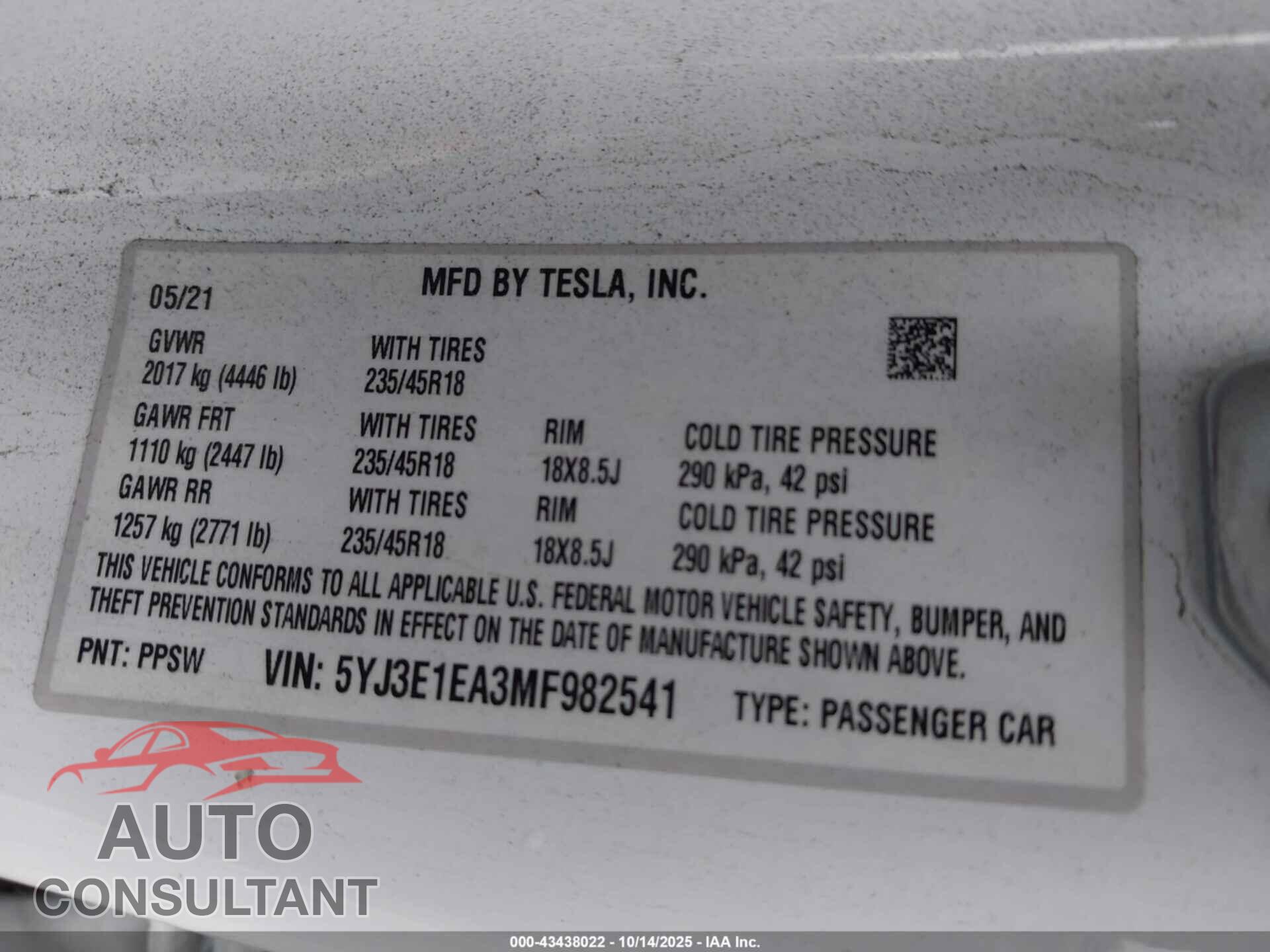 TESLA MODEL 3 2021 - 5YJ3E1EA3MF982541