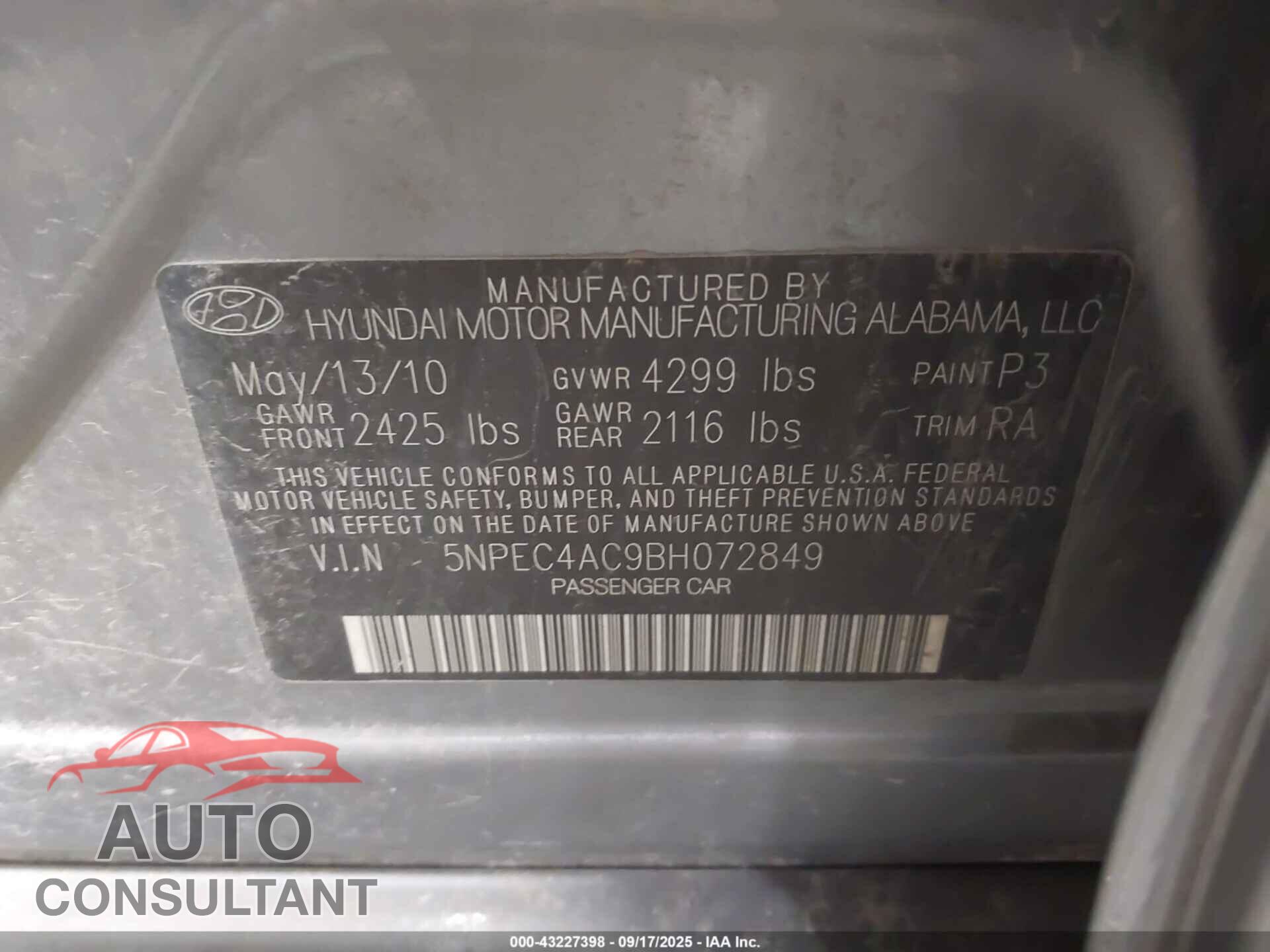 HYUNDAI SONATA 2011 - 5NPEC4AC9BH072849