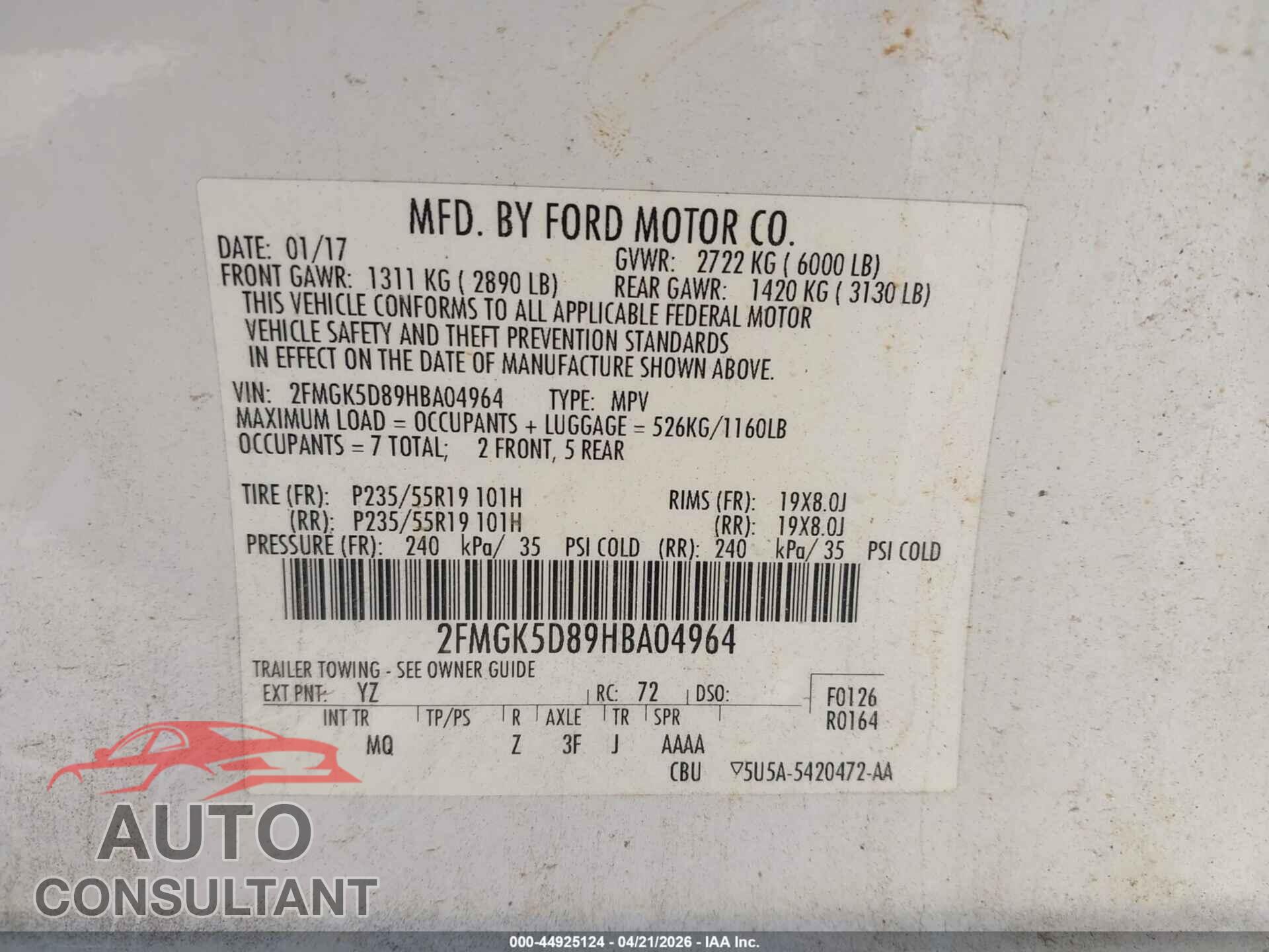 FORD FLEX 2017 - 2FMGK5D89HBA04964