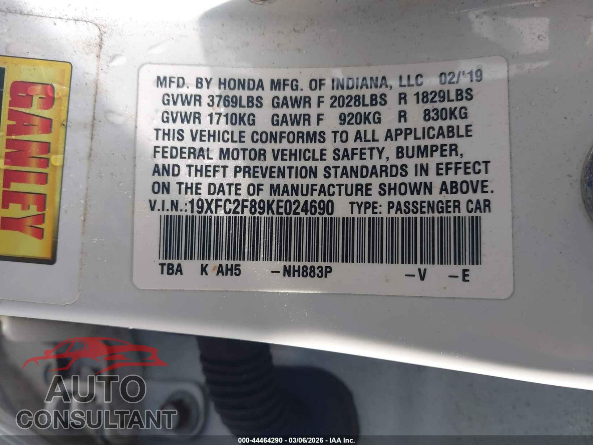HONDA CIVIC 2019 - 19XFC2F89KE024690