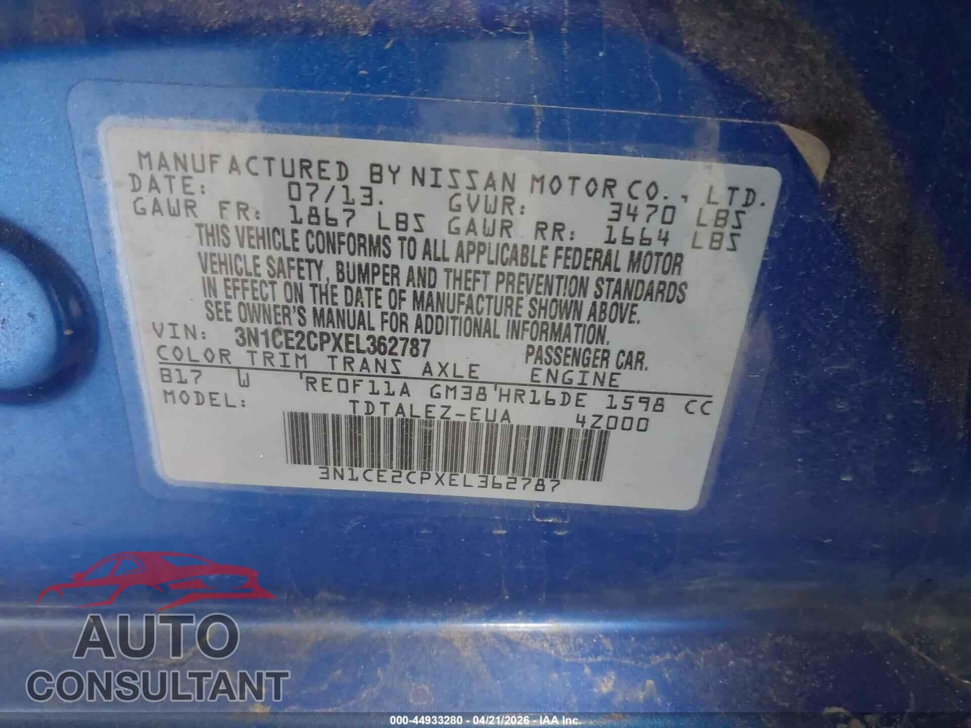 NISSAN VERSA NOTE 2014 - 3N1CE2CPXEL362787