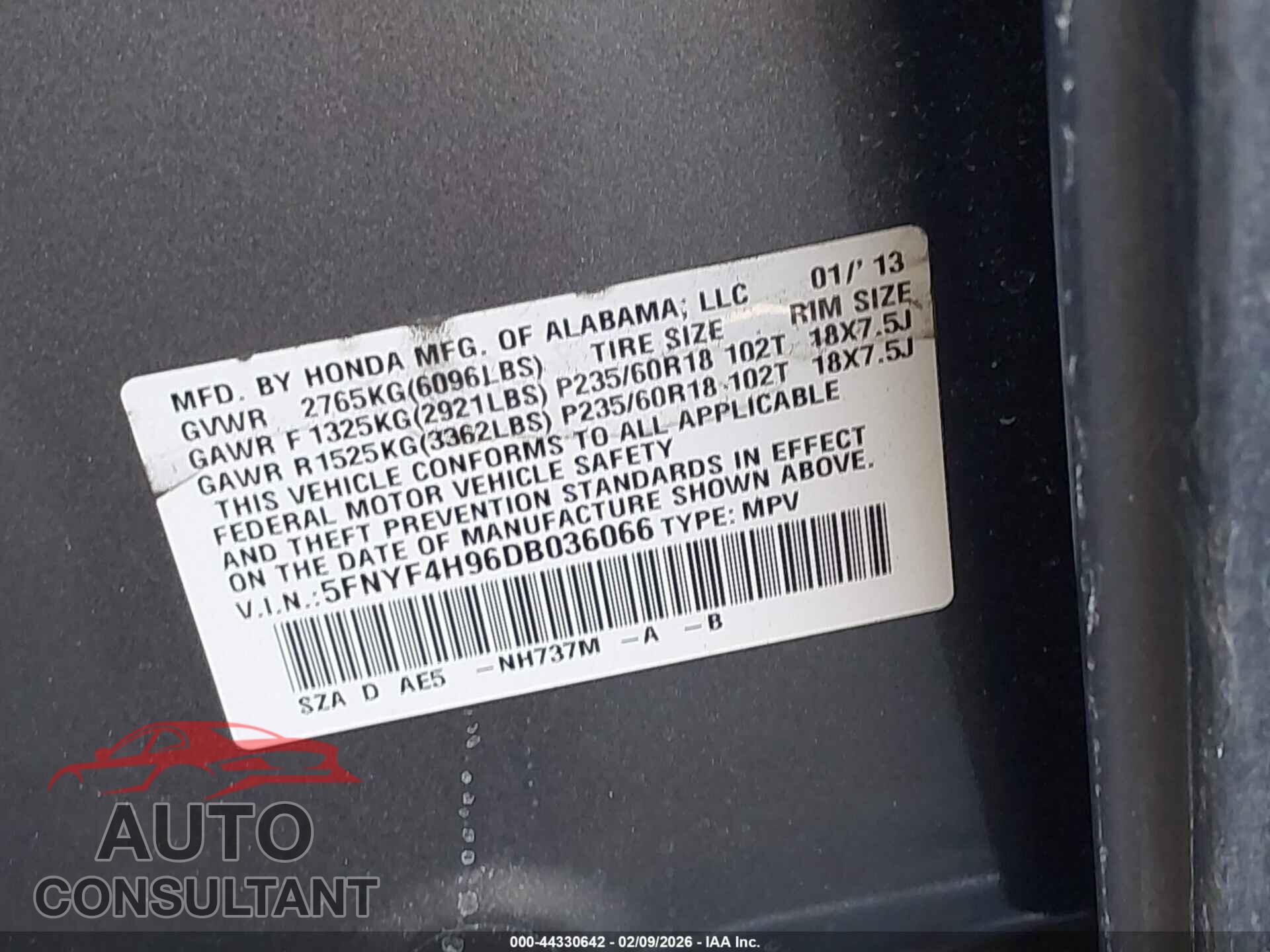 HONDA PILOT 2013 - 5FNYF4H96DB036066