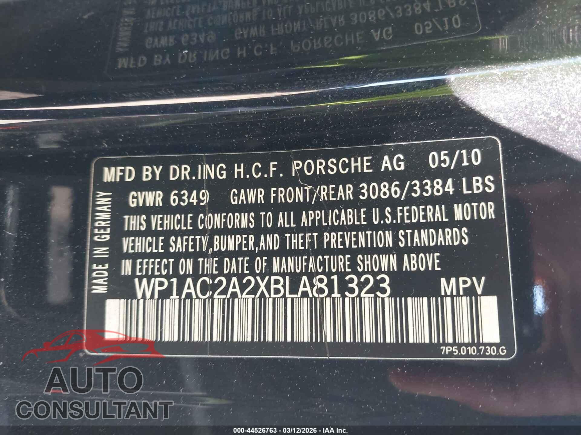 PORSCHE CAYENNE 2011 - WP1AC2A2XBLA81323