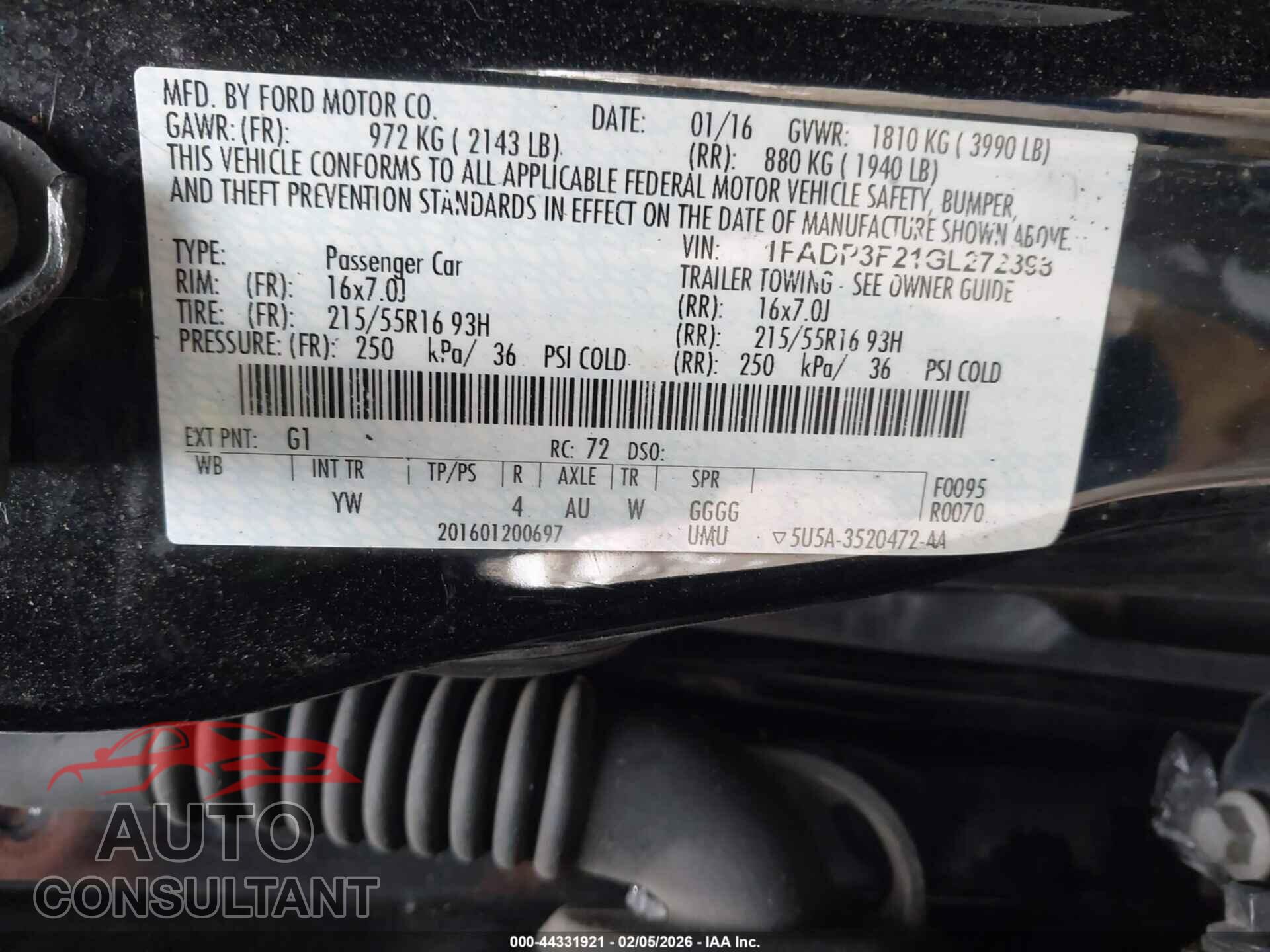 FORD FOCUS 2016 - 1FADP3F21GL272398
