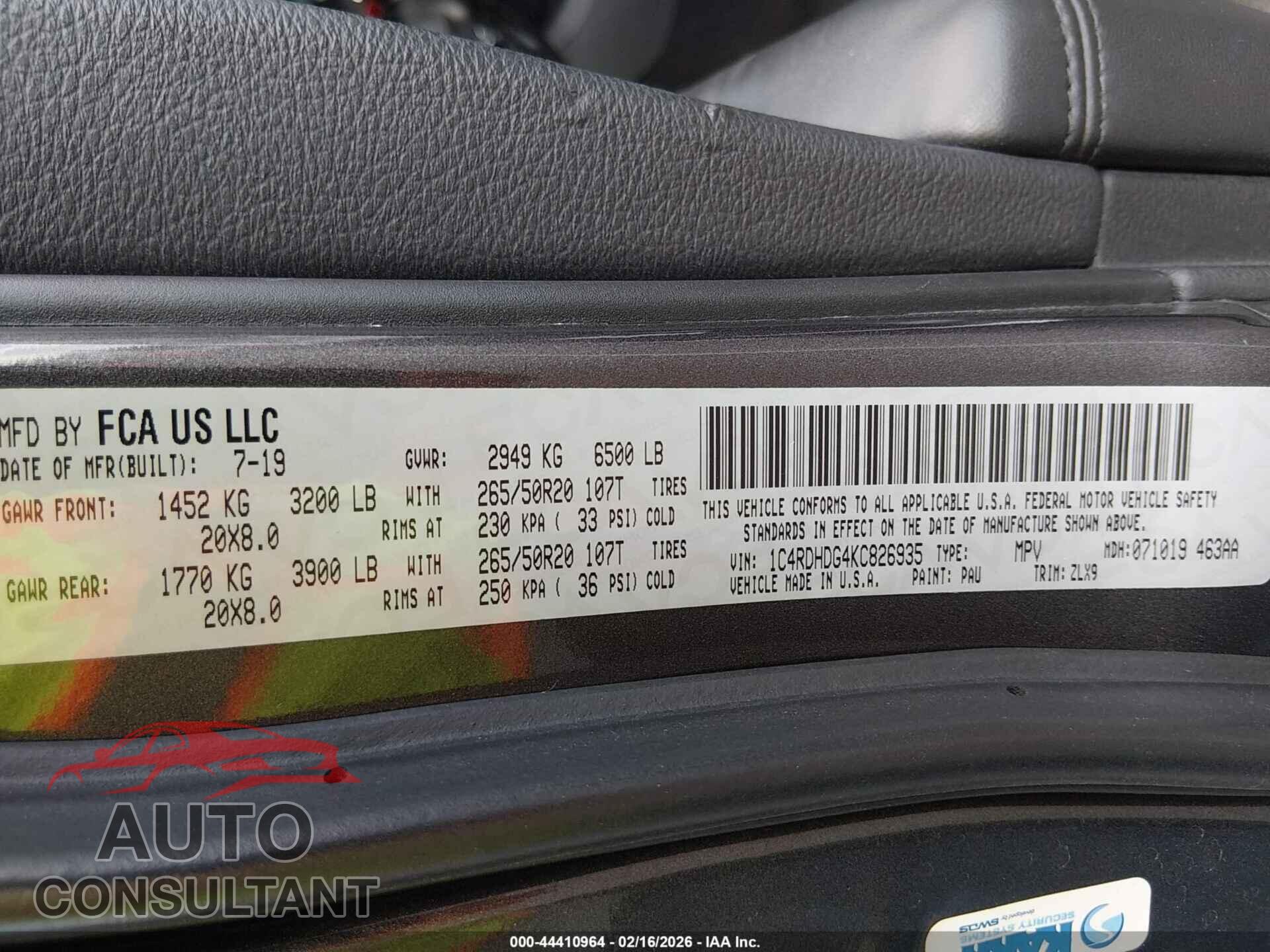 DODGE DURANGO 2019 - 1C4RDHDG4KC826935