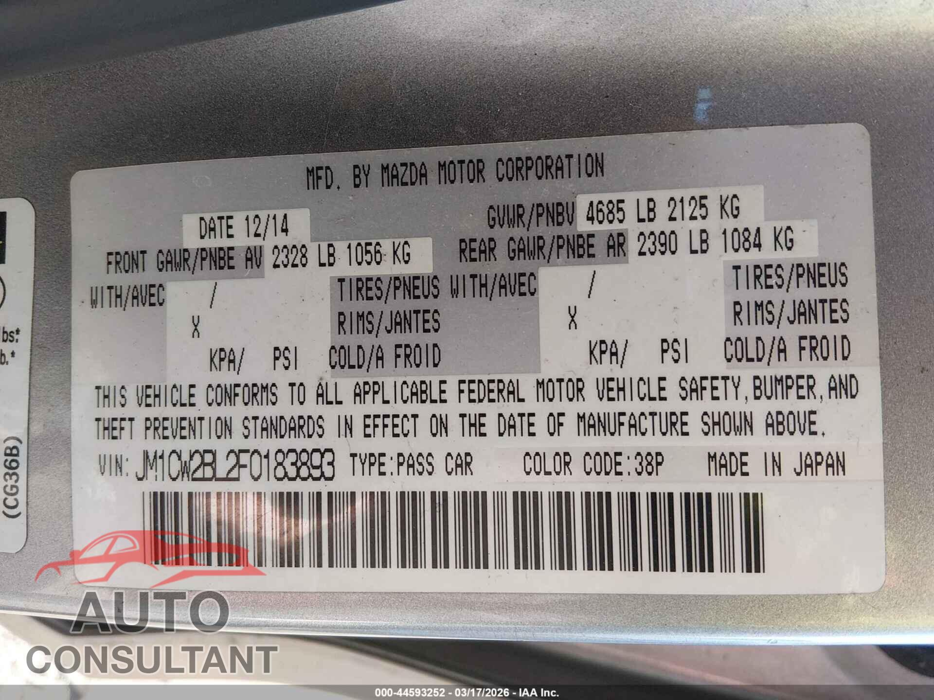 MAZDA MAZDA5 2015 - JM1CW2BL2F0183893