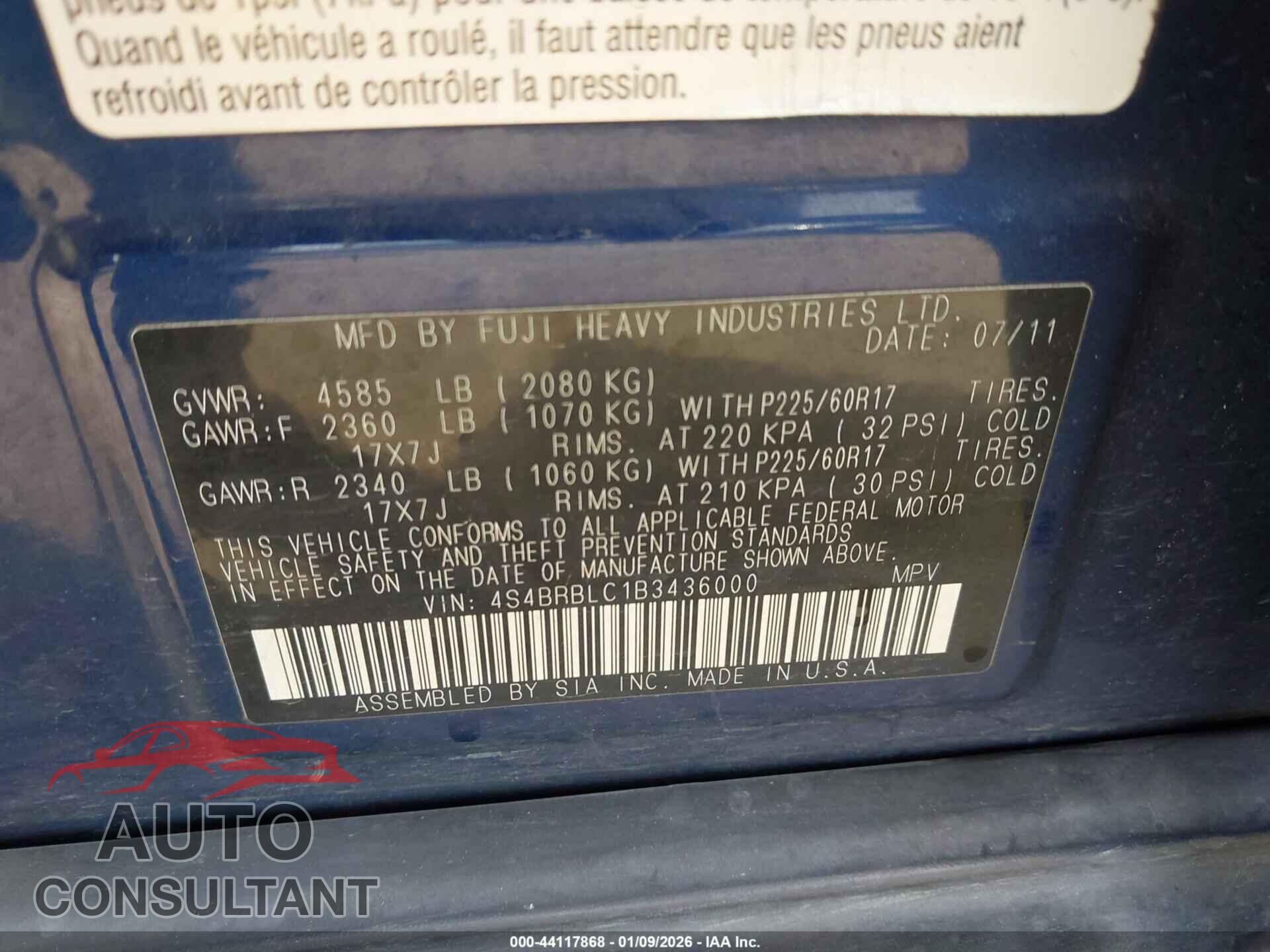 SUBARU OUTBACK 2011 - 4S4BRBLC1B3436000