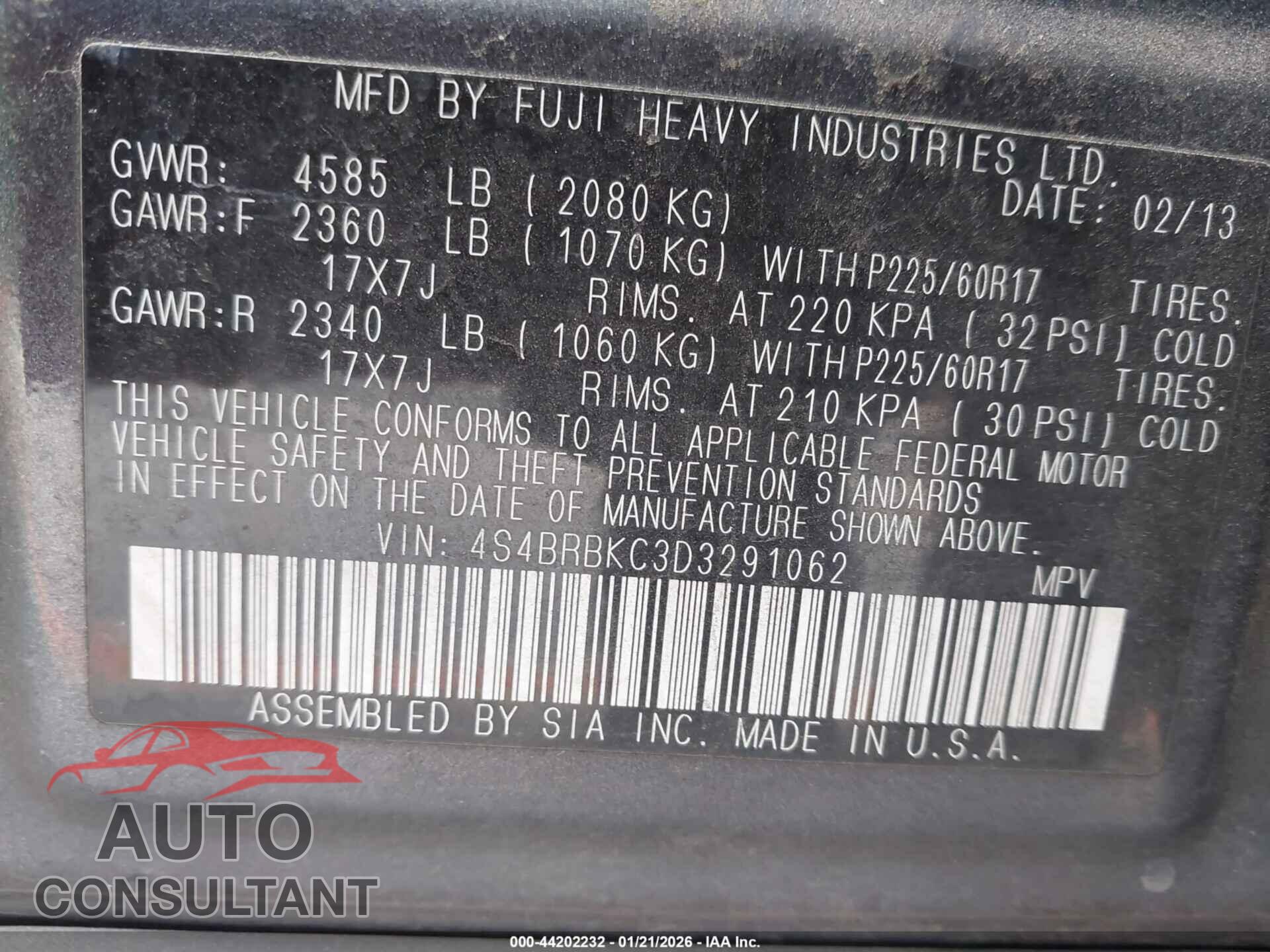 SUBARU OUTBACK 2013 - 4S4BRBKC3D3291062