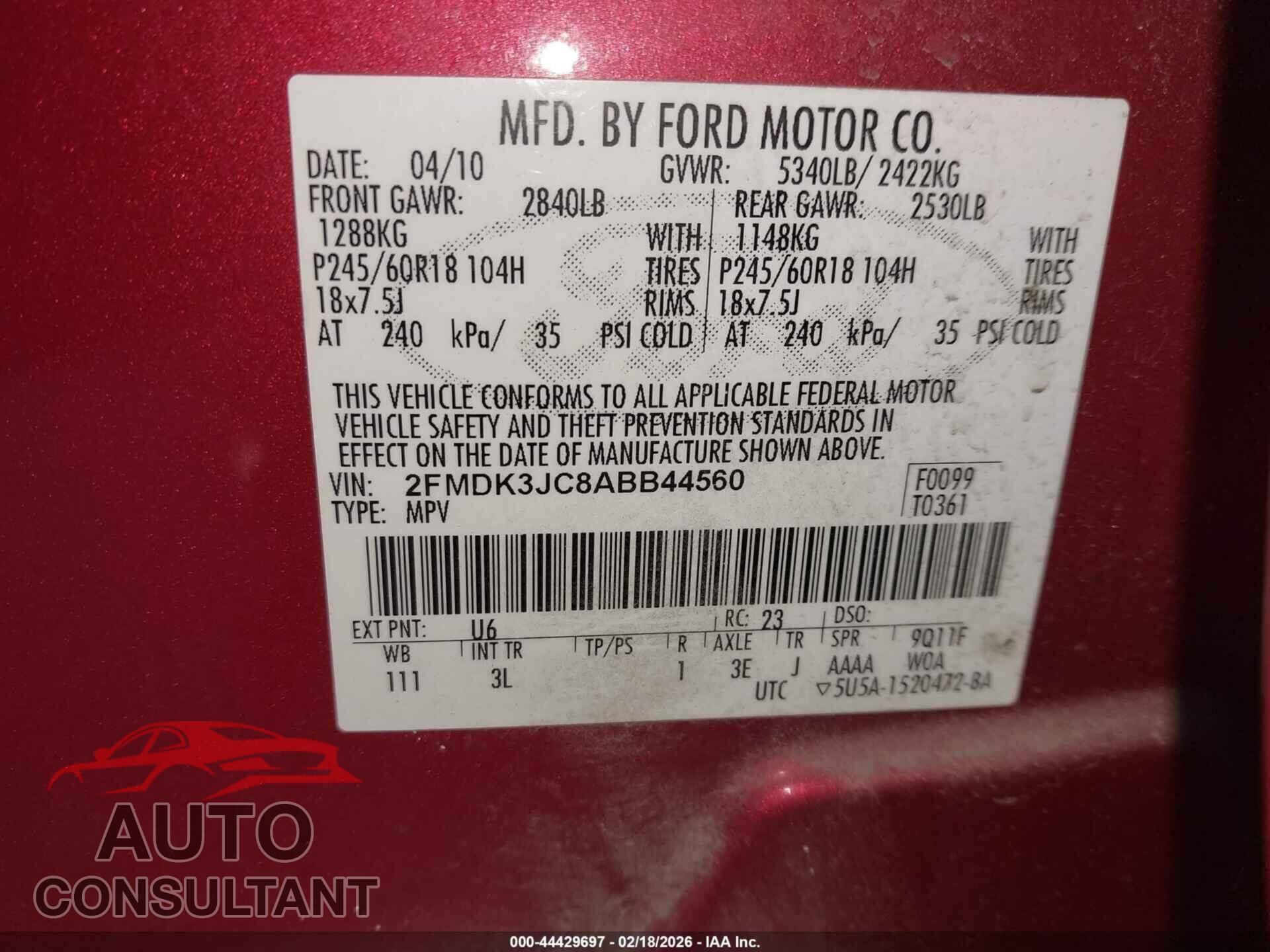 FORD EDGE 2010 - 2FMDK3JC8ABB44560