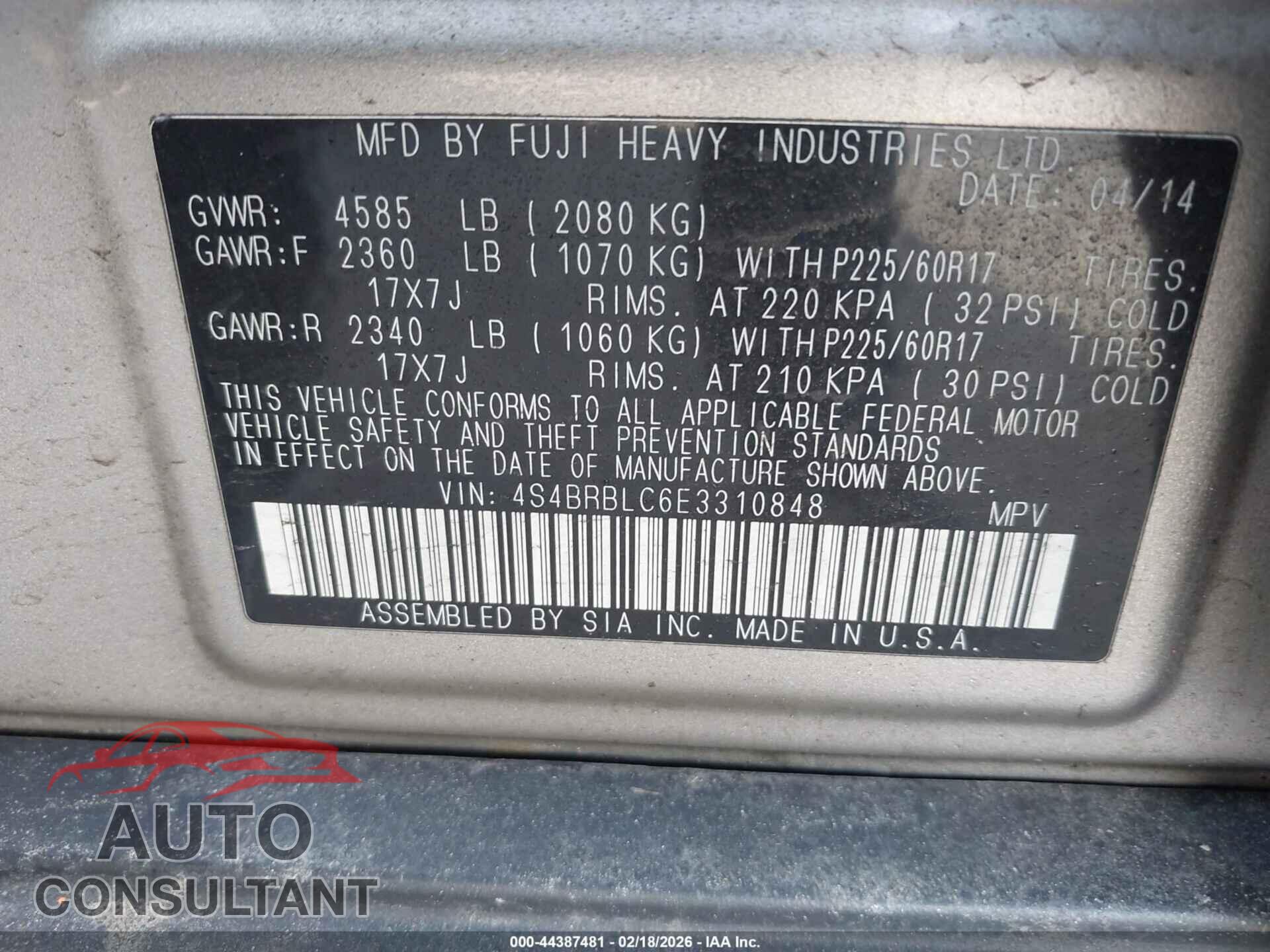 SUBARU OUTBACK 2014 - 4S4BRBLC6E3310848