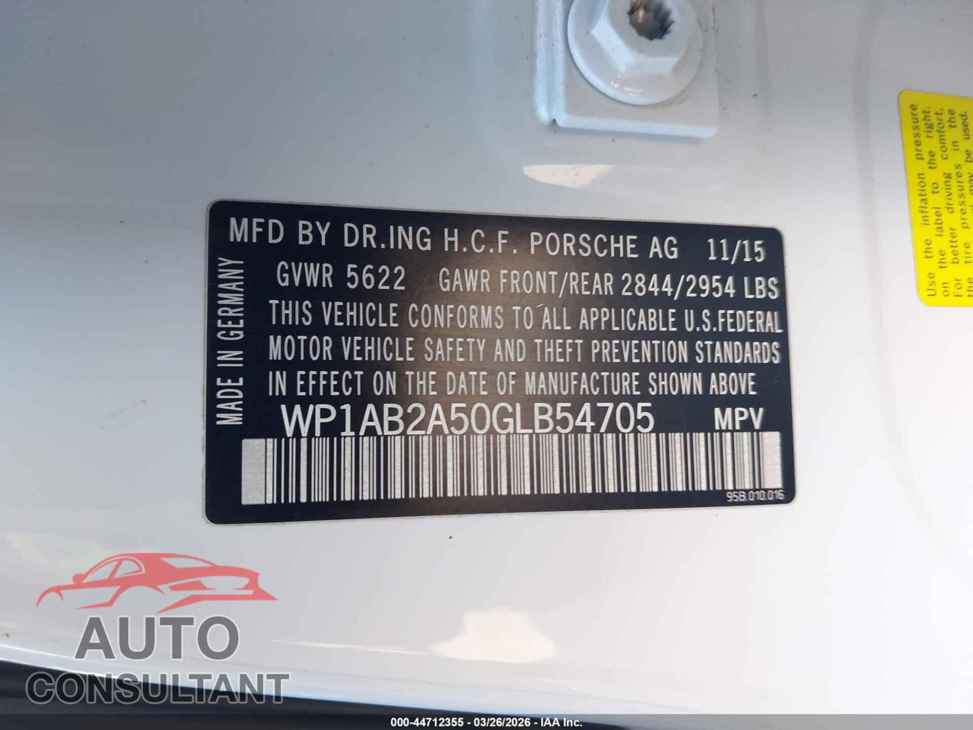 PORSCHE MACAN 2016 - WP1AB2A50GLB54705