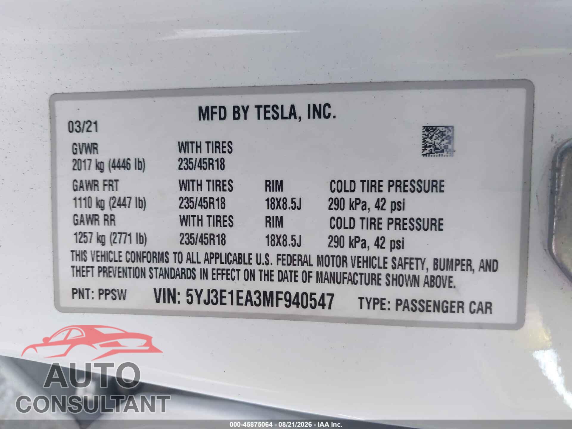 TESLA MODEL 3 2021 - 5YJ3E1EA3MF940547