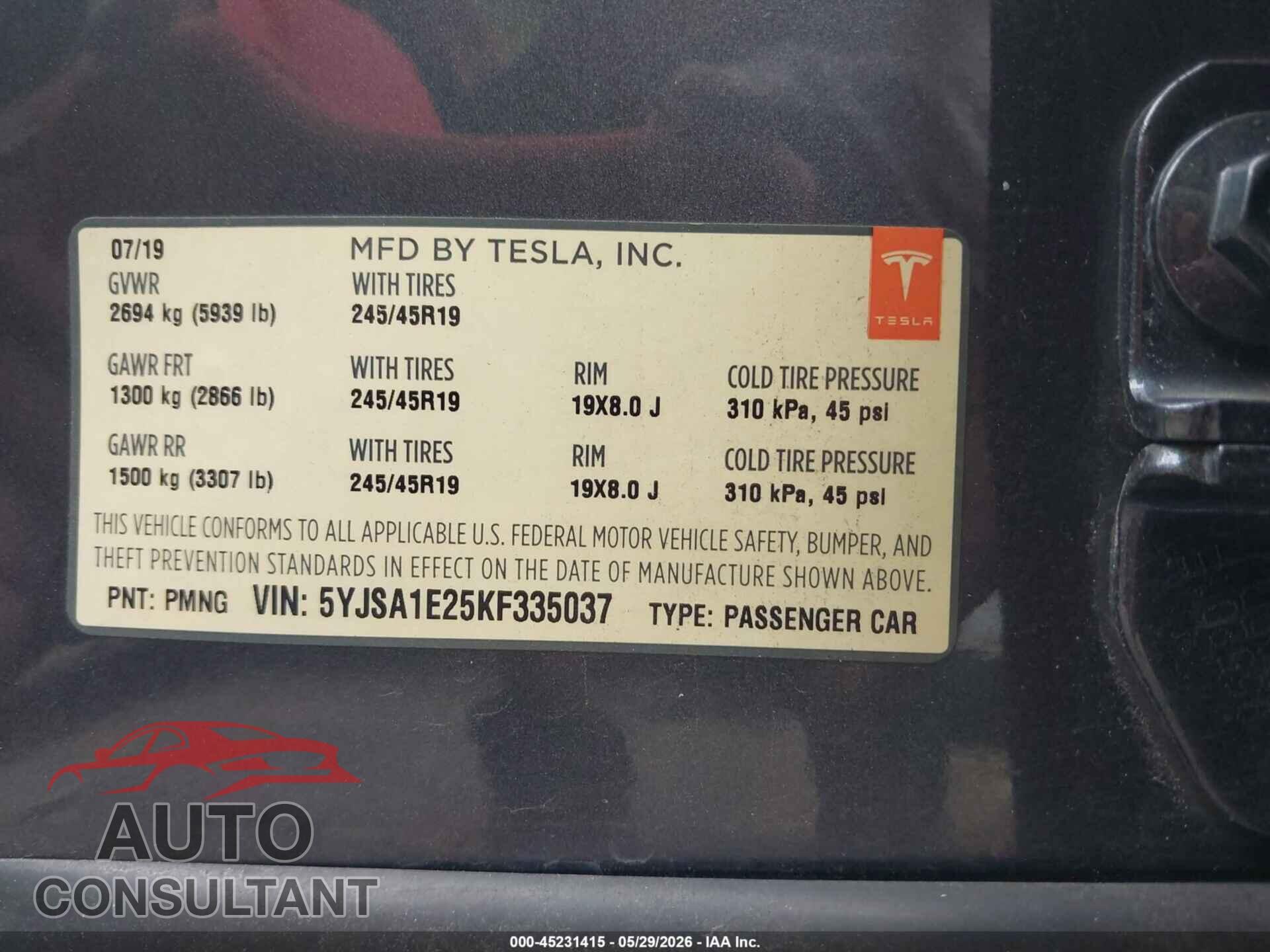 TESLA MODEL S 2019 - 5YJSA1E25KF335037