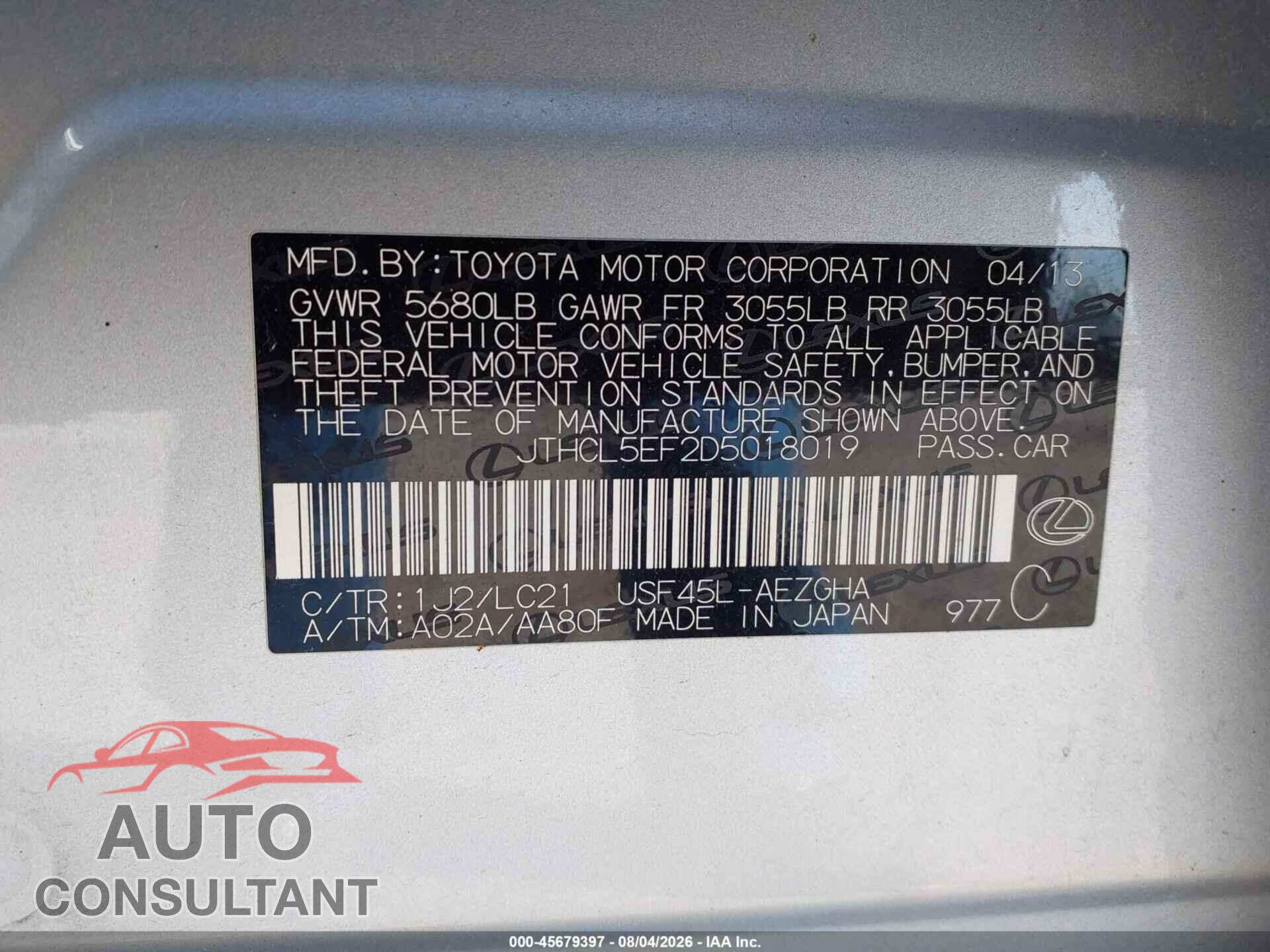 LEXUS LS 460 2013 - JTHCL5EF2D5018019