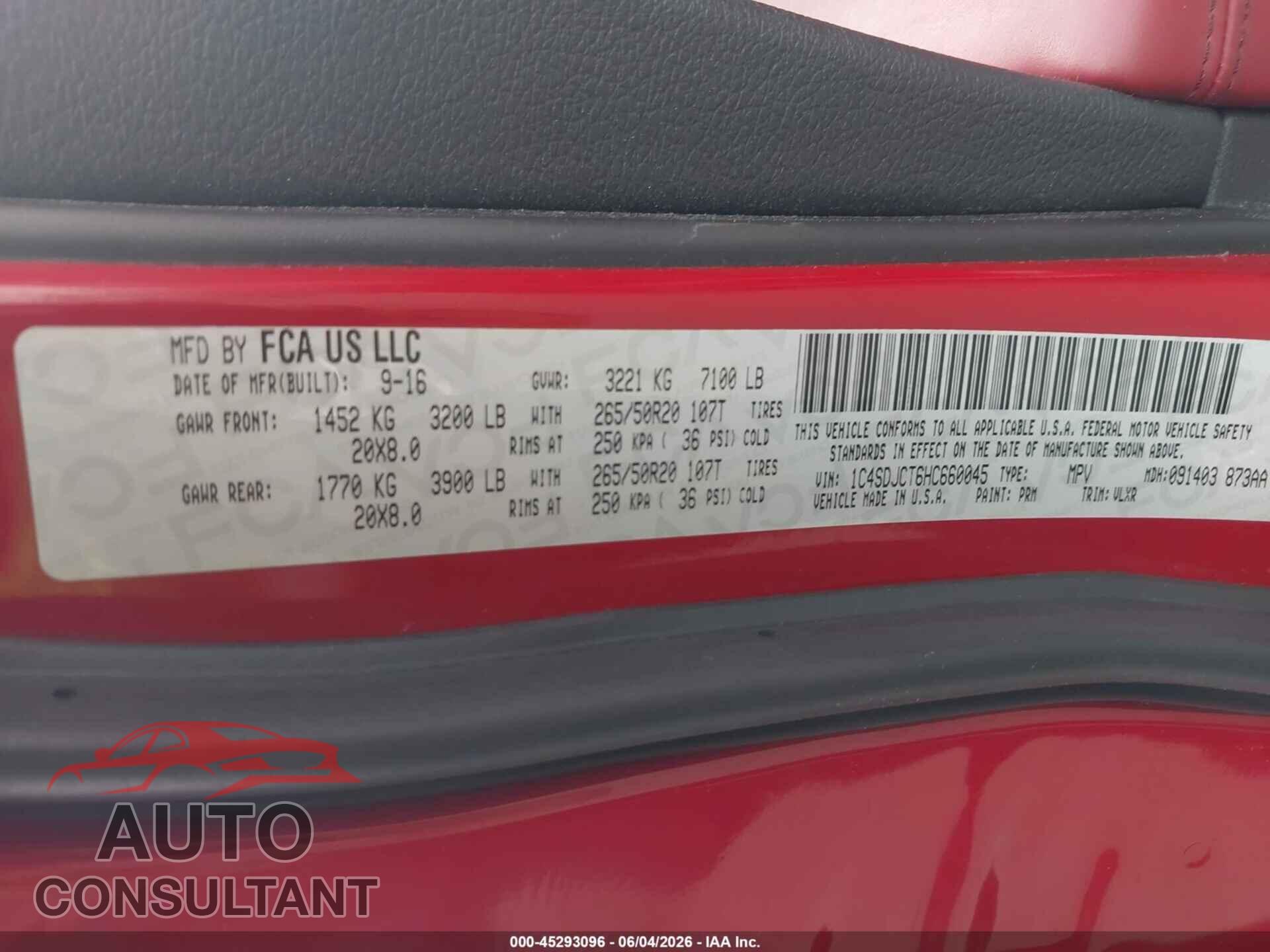 DODGE DURANGO 2017 - 1C4SDJCT6HC660045