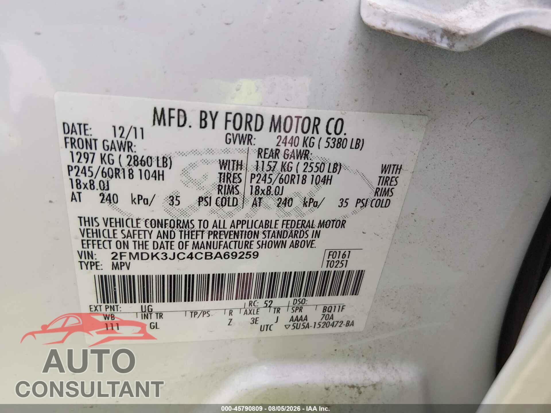 FORD EDGE 2012 - 2FMDK3JC4CBA69259