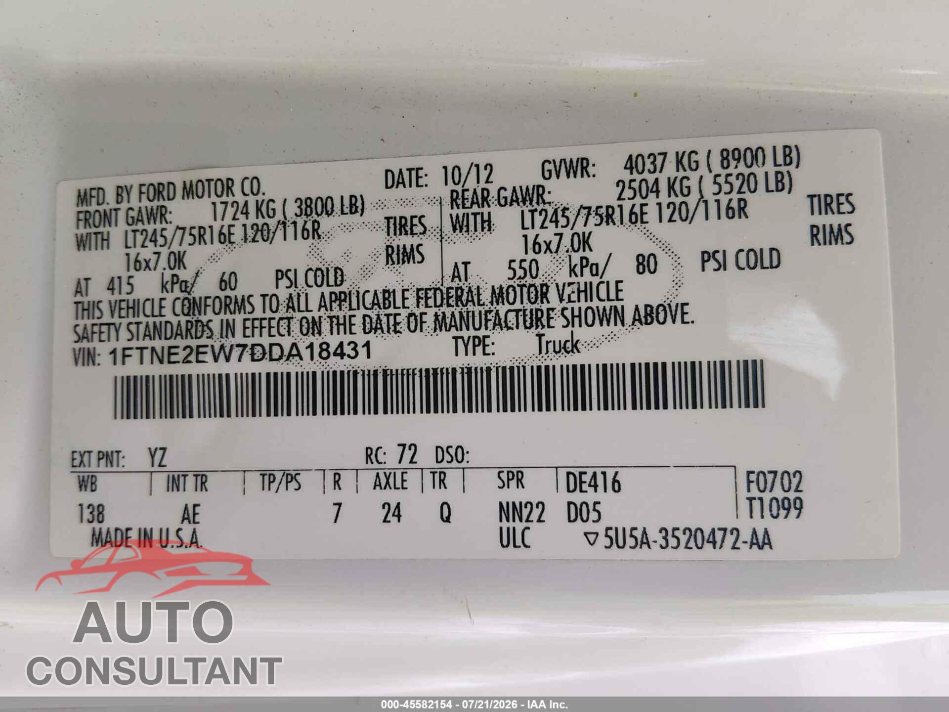 FORD E-250 2013 - 1FTNE2EW7DDA18431