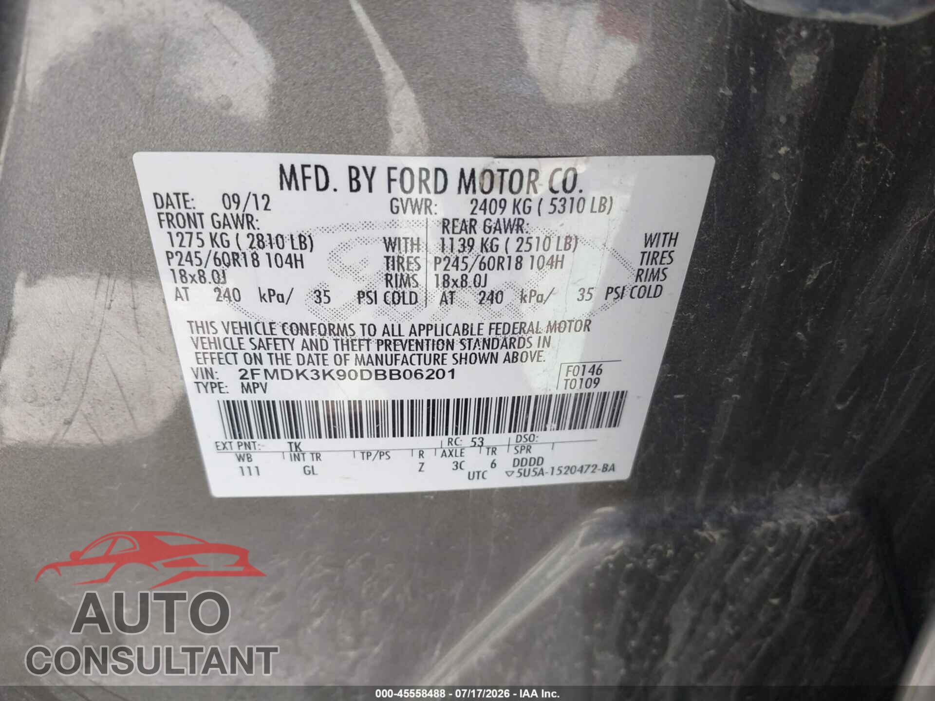 FORD EDGE 2013 - 2FMDK3K90DBB06201