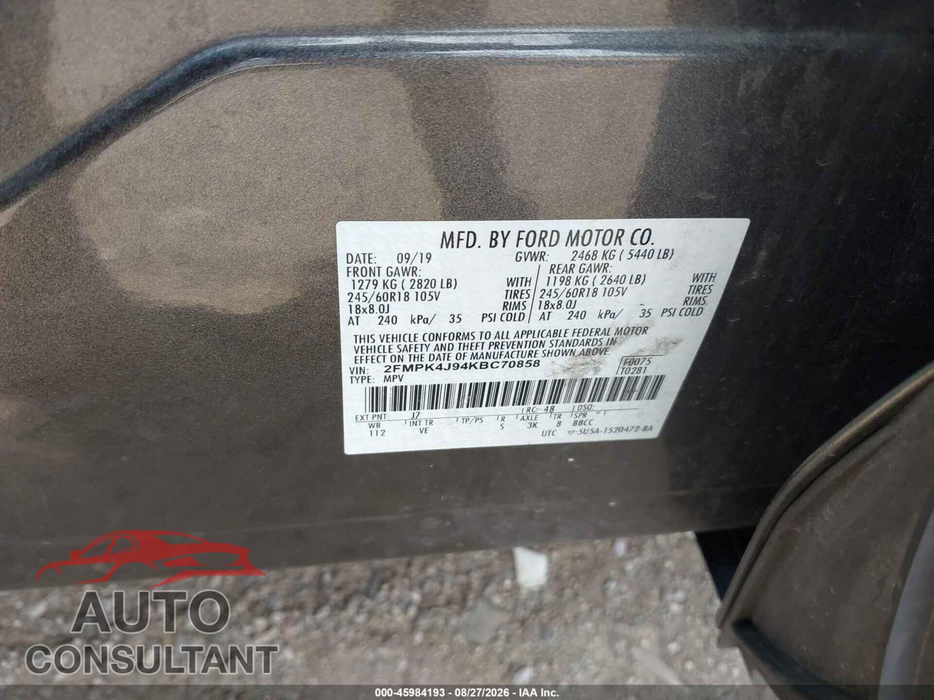 FORD EDGE 2019 - 2FMPK4J94KBC70858