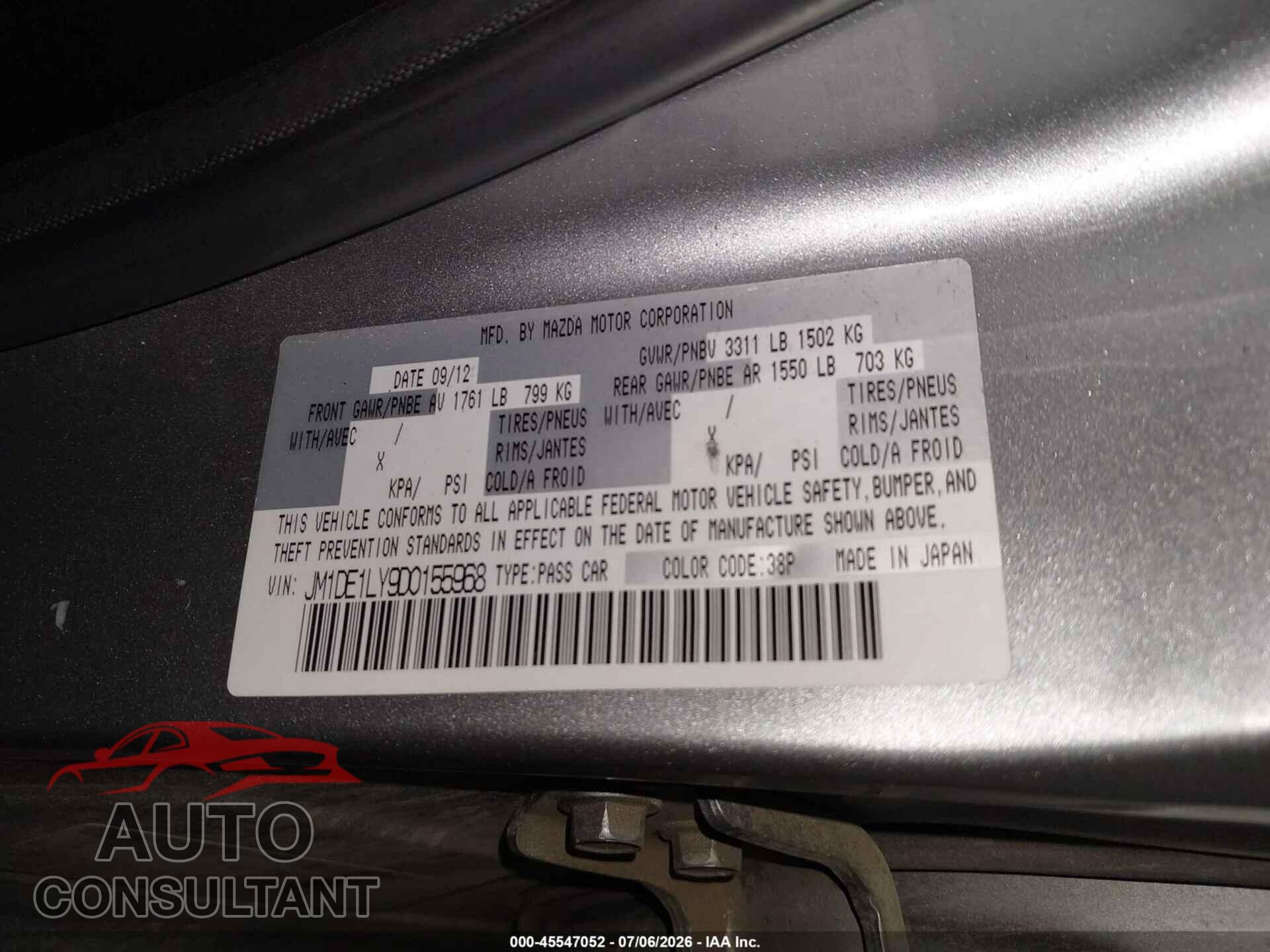MAZDA MAZDA2 2013 - JM1DE1LY9D0155968