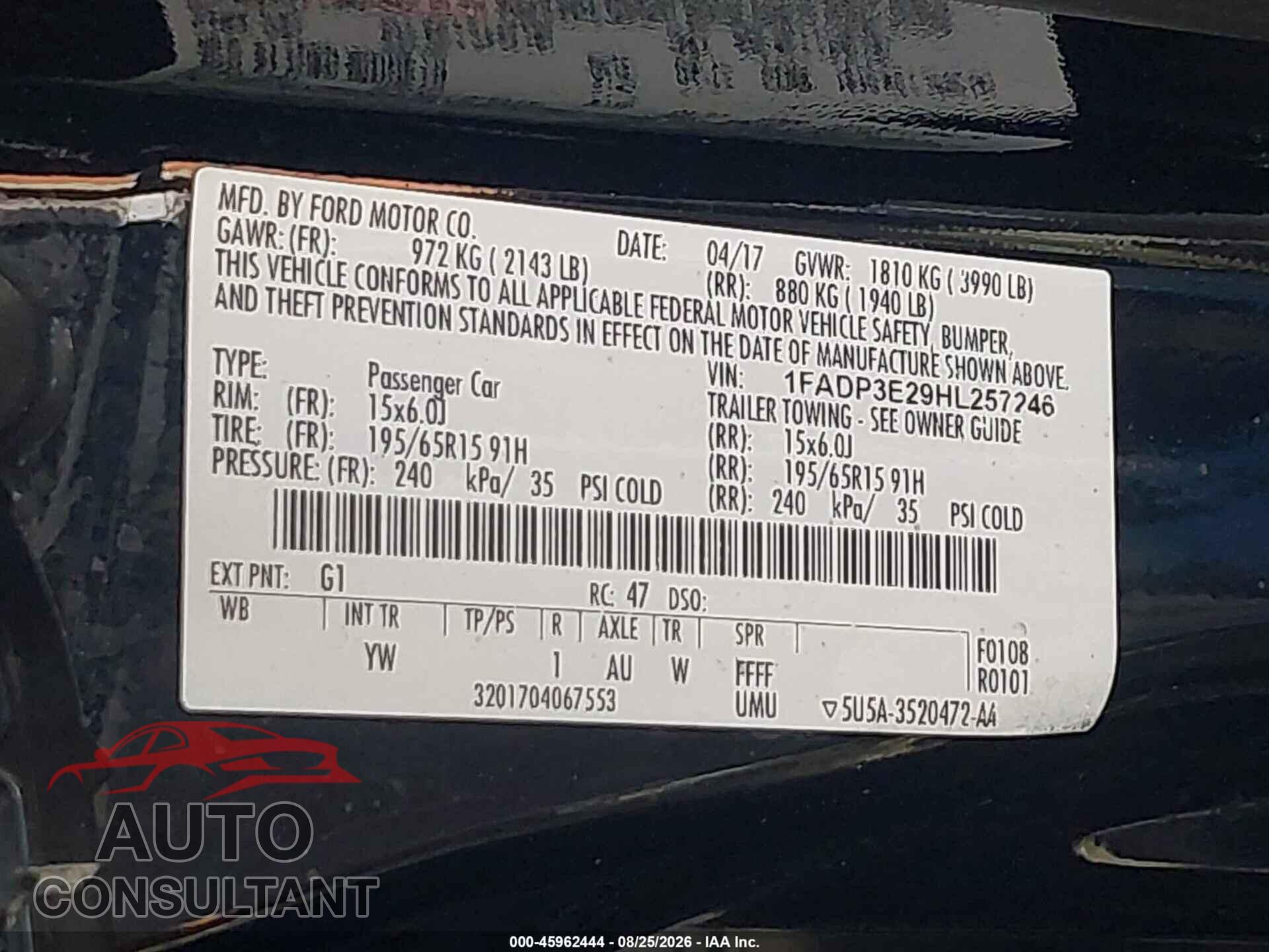 FORD FOCUS 2017 - 1FADP3E29HL257246