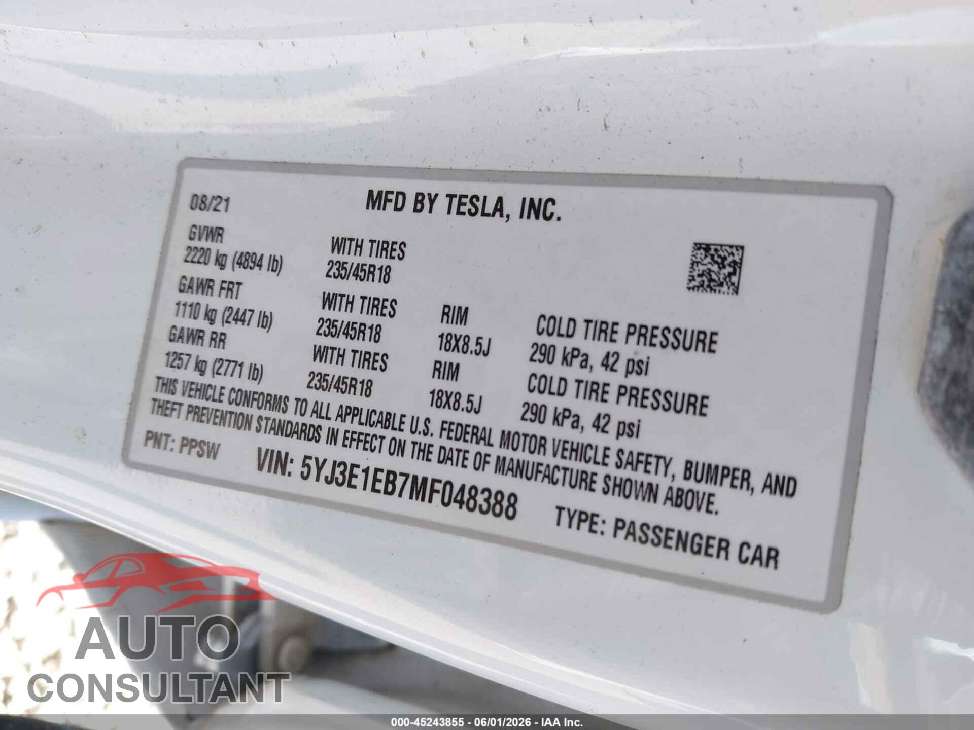 TESLA MODEL 3 2021 - 5YJ3E1EB7MF048388
