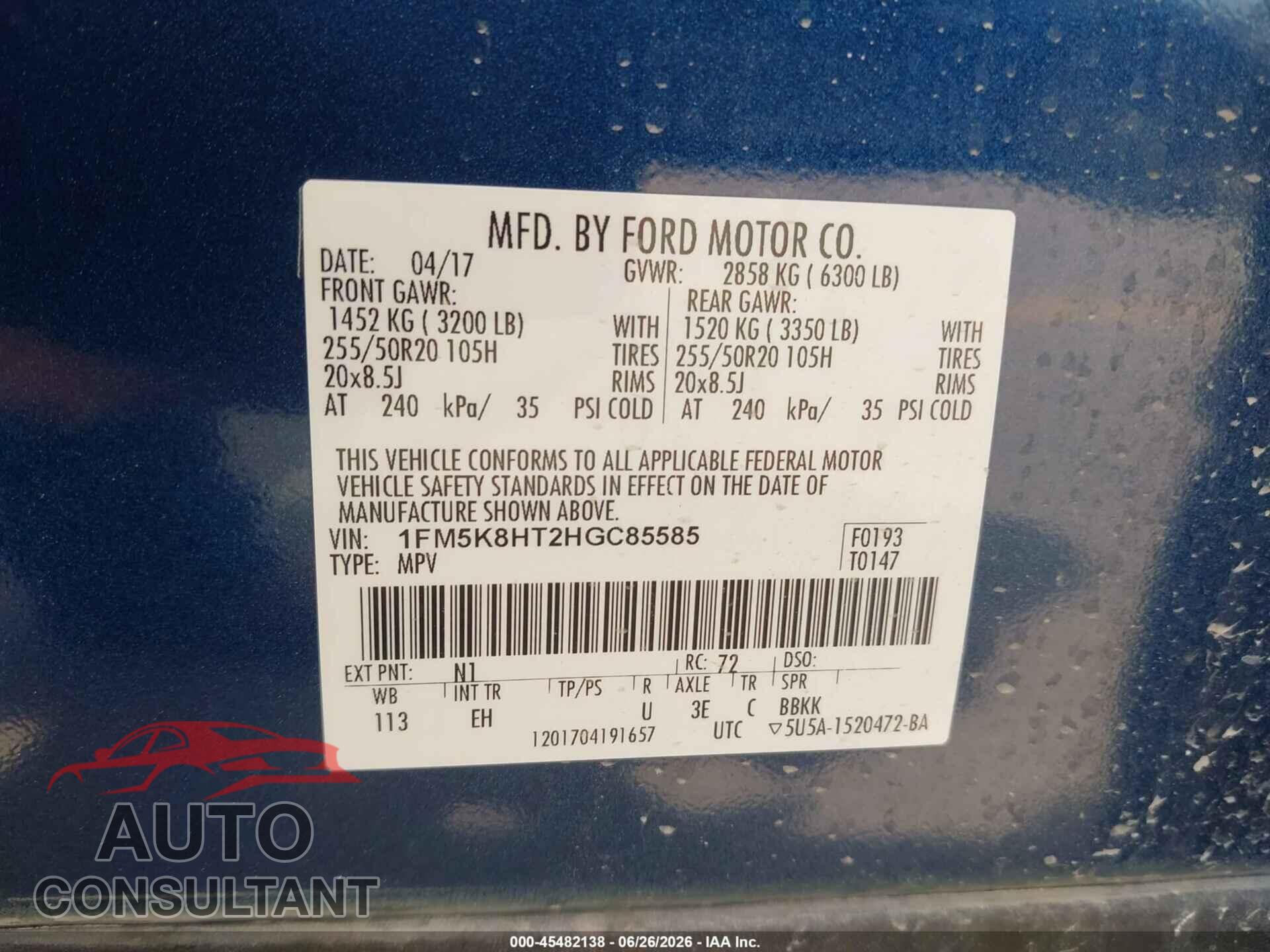 FORD EXPLORER 2017 - 1FM5K8HT2HGC85585