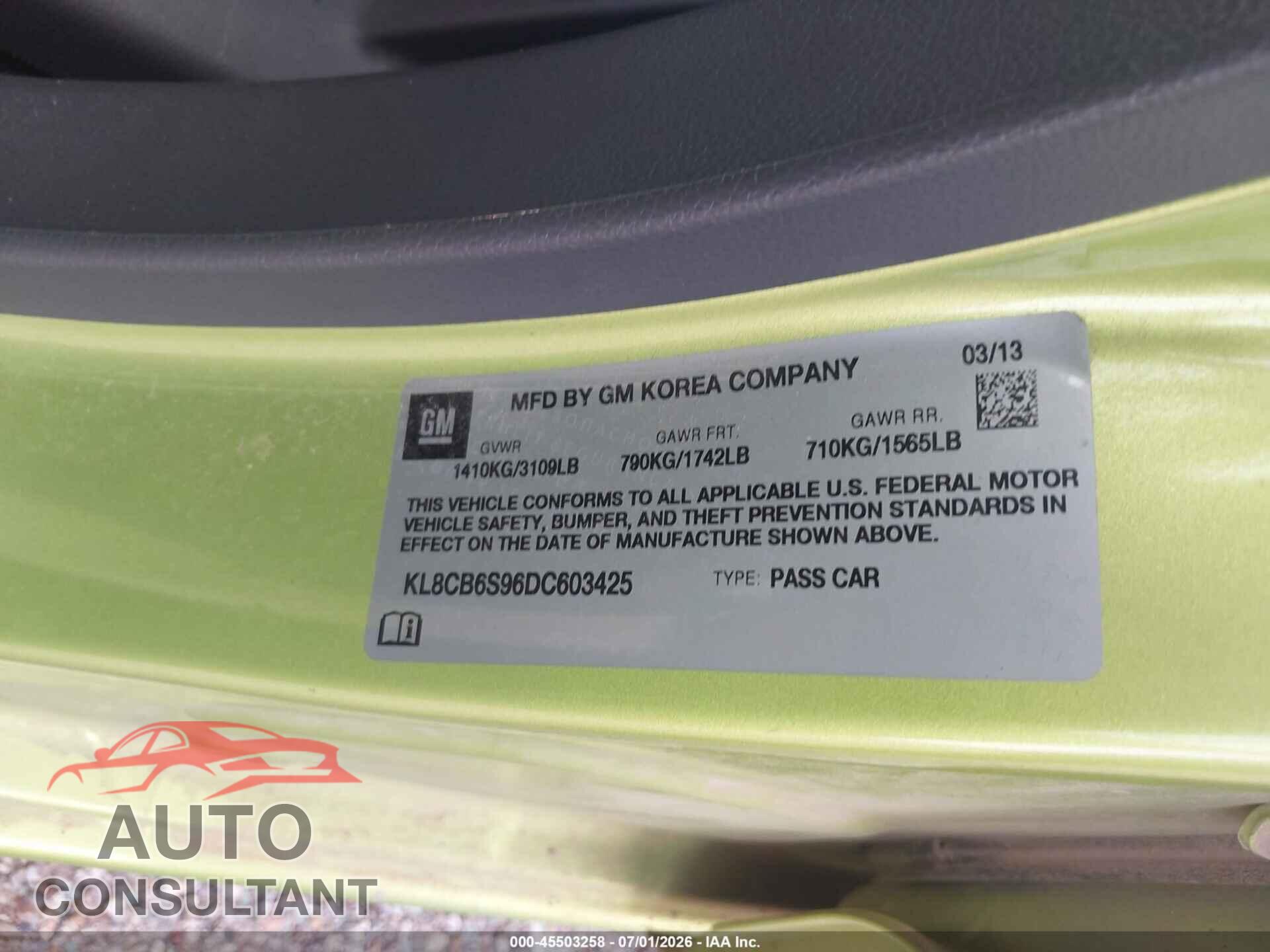 CHEVROLET SPARK 2013 - KL8CB6S96DC603425
