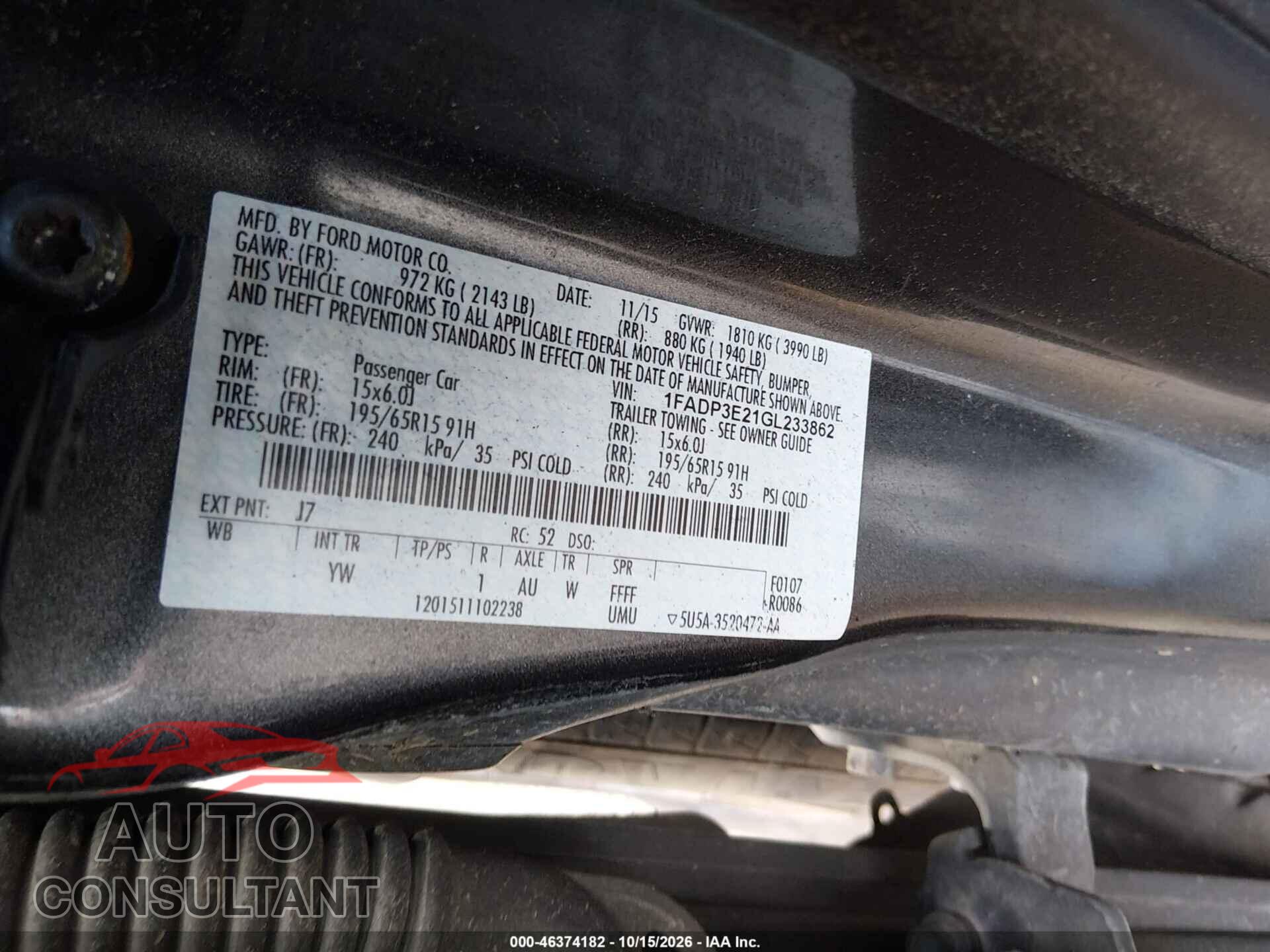 FORD FOCUS 2016 - 1FADP3E21GL233862