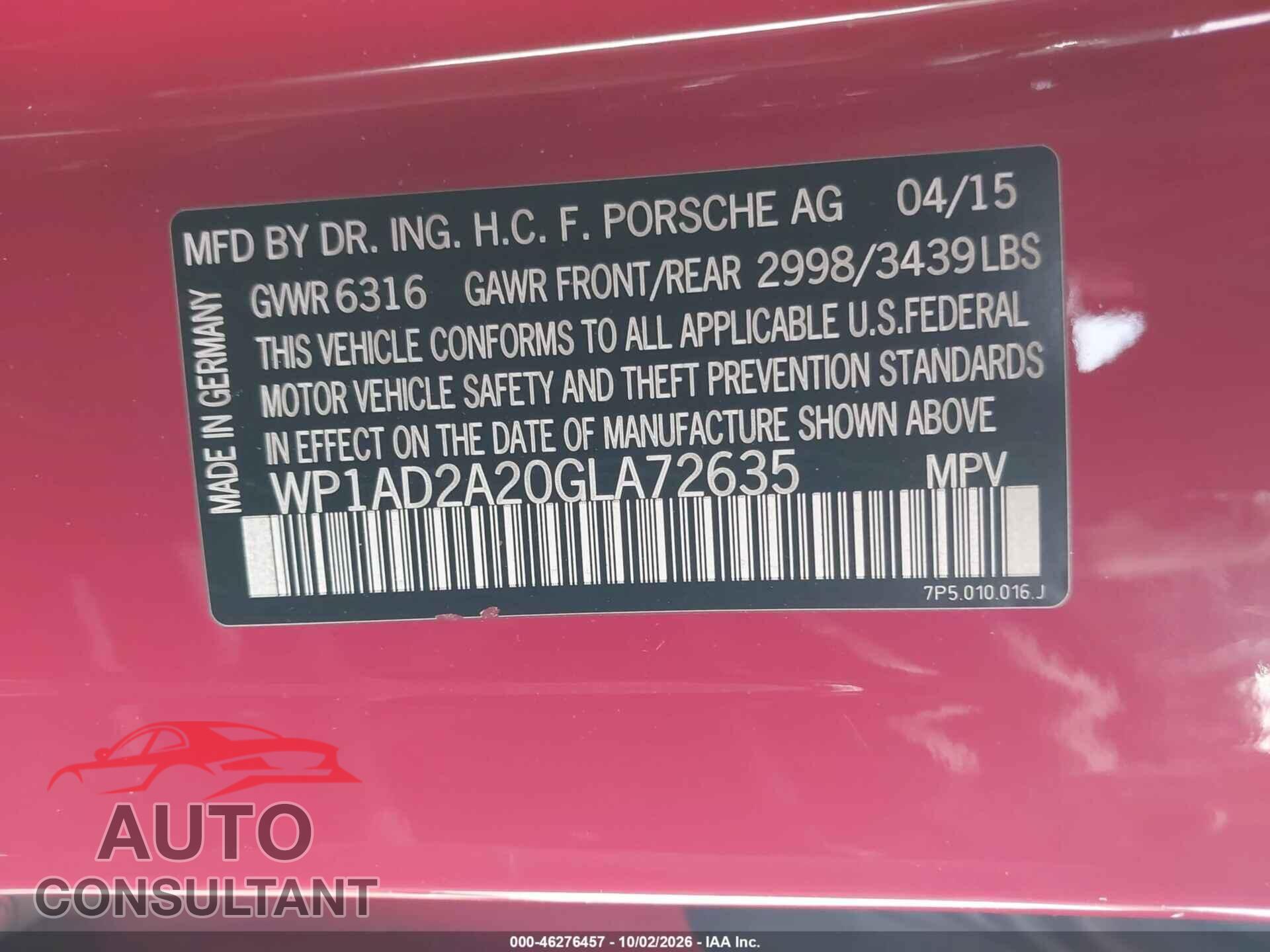 PORSCHE CAYENNE 2016 - WP1AD2A20GLA72635