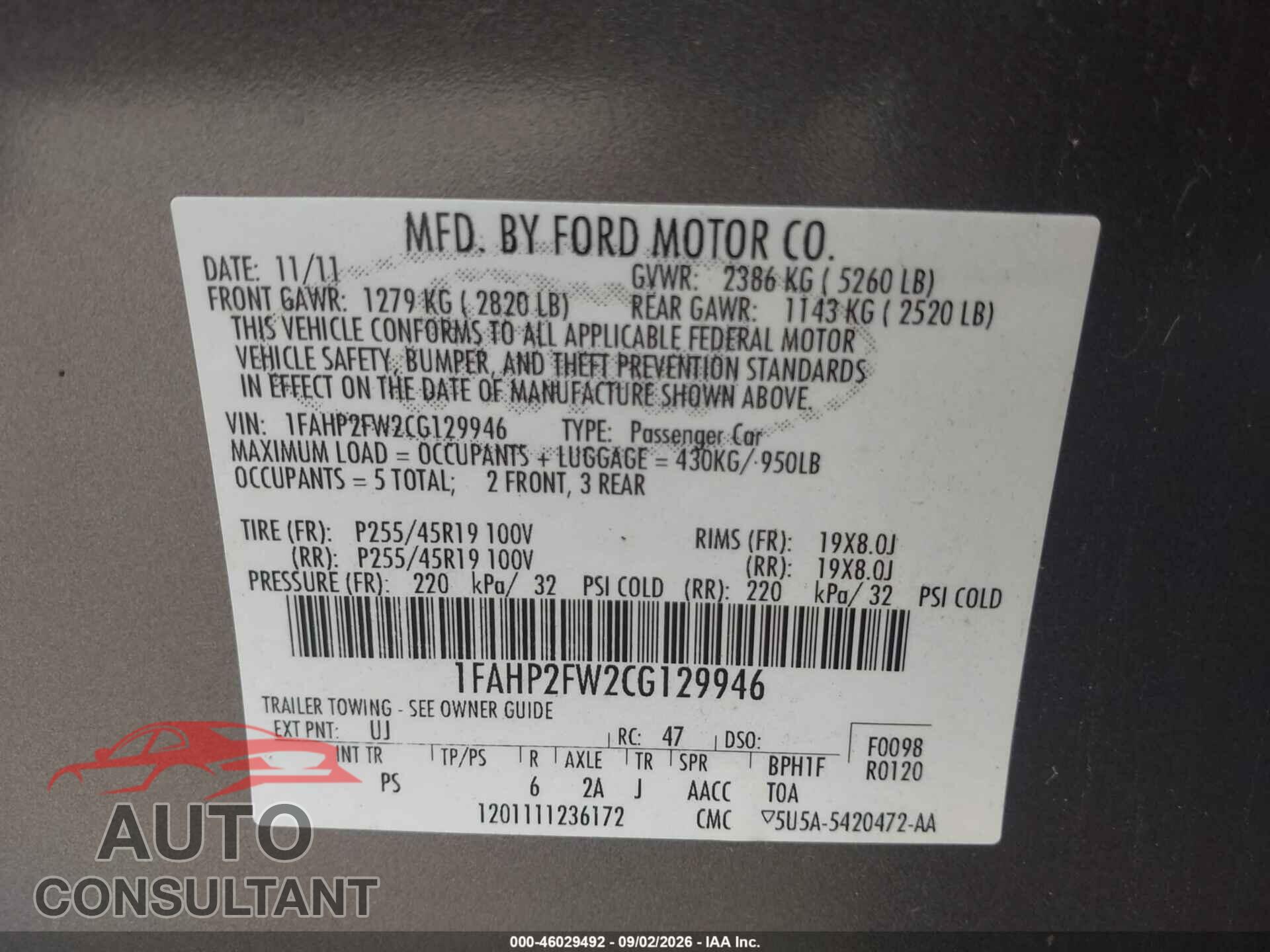 FORD TAURUS 2012 - 1FAHP2FW2CG129946
