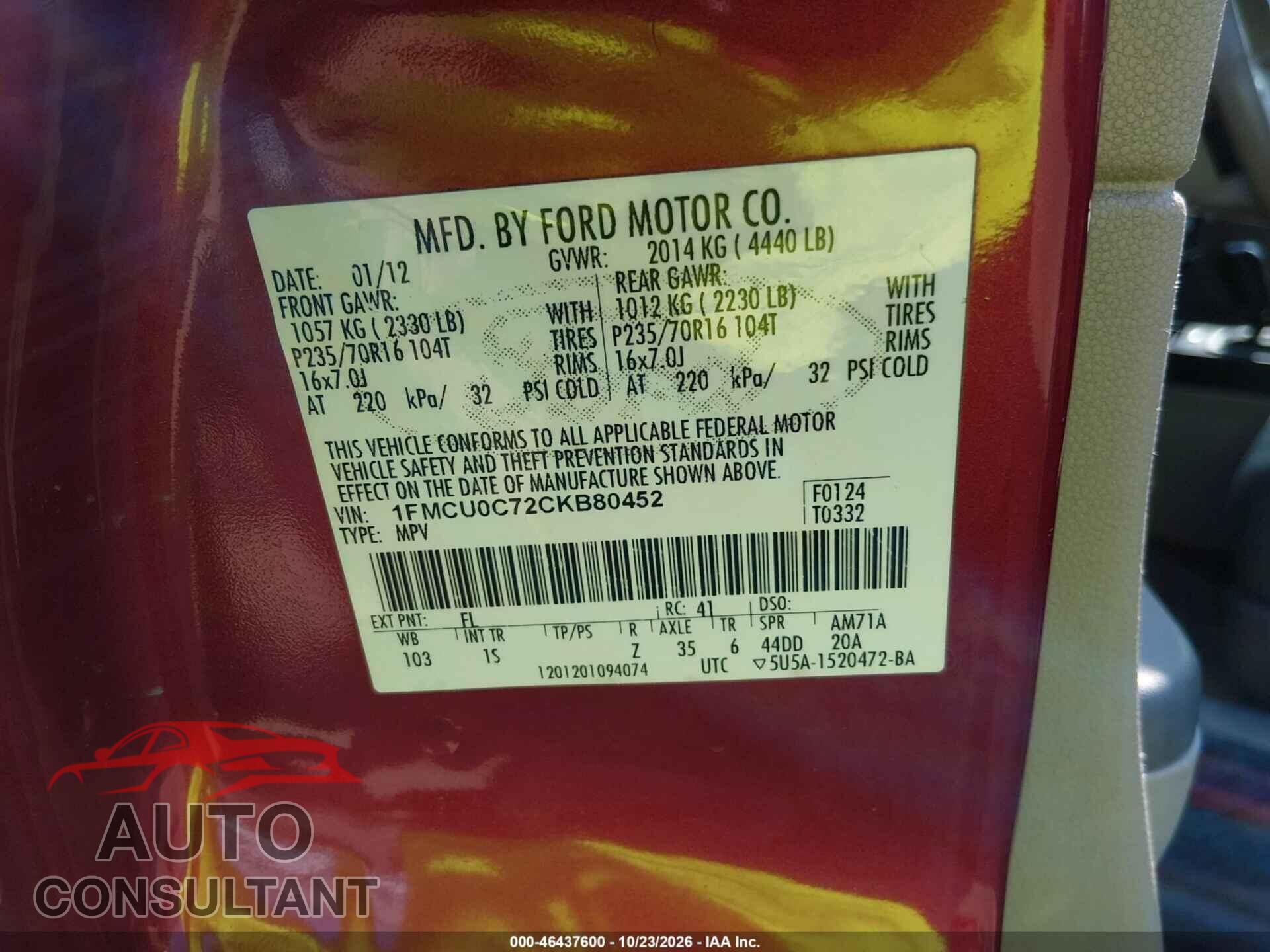 FORD ESCAPE 2012 - 1FMCU0C72CKB80452
