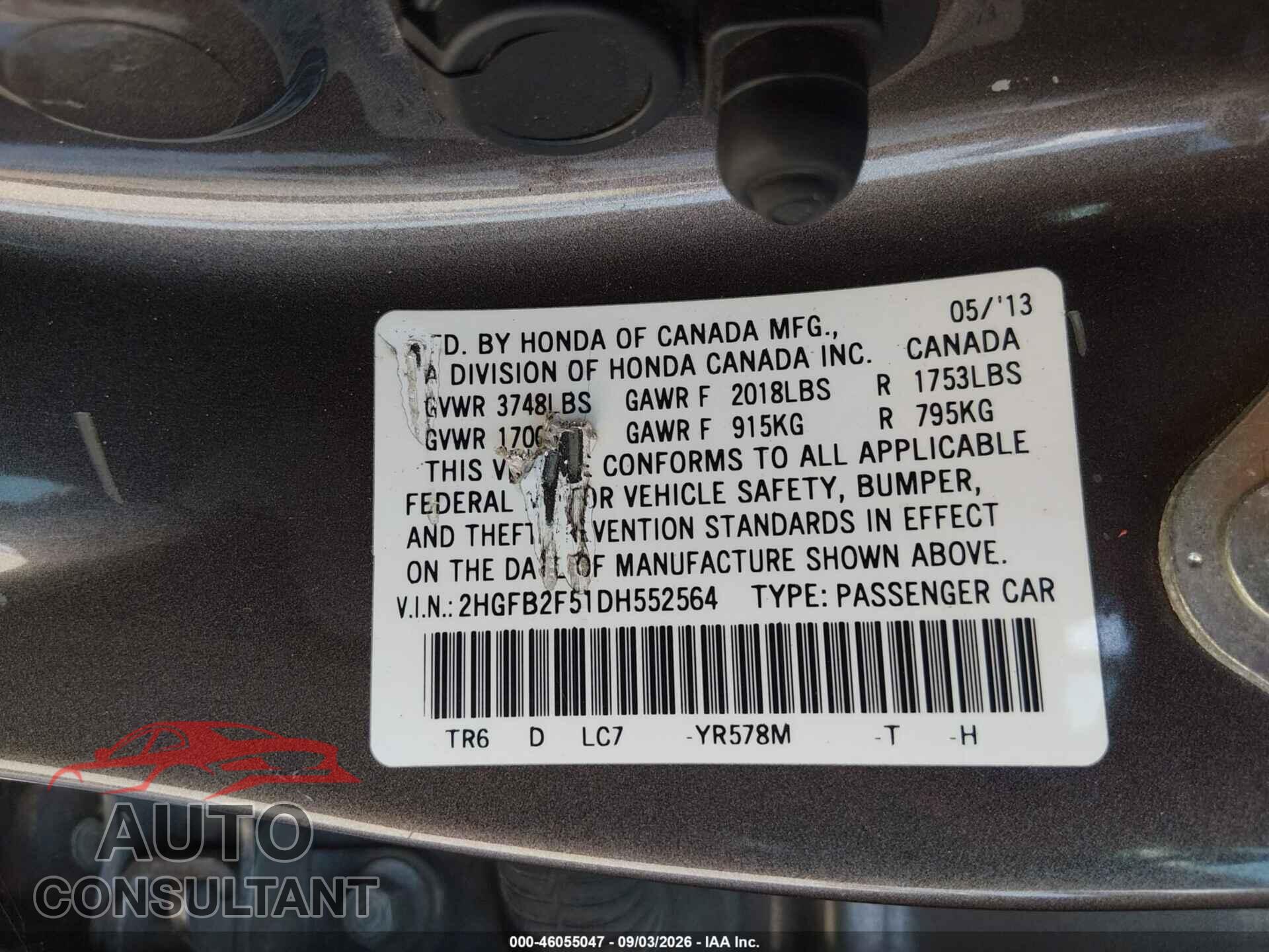 HONDA CIVIC 2013 - 2HGFB2F51DH552564