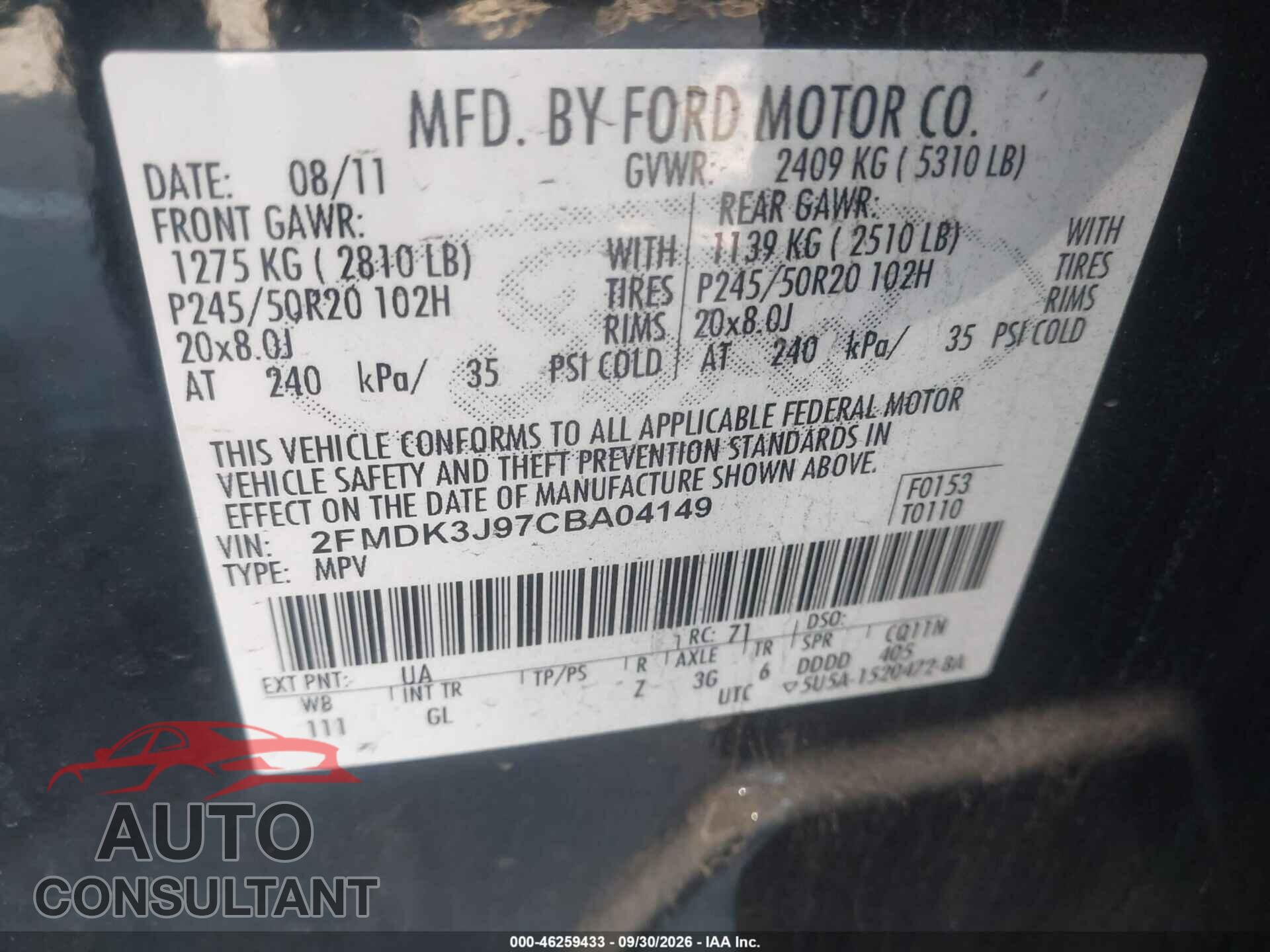 FORD EDGE 2012 - 2FMDK3J97CBA04149