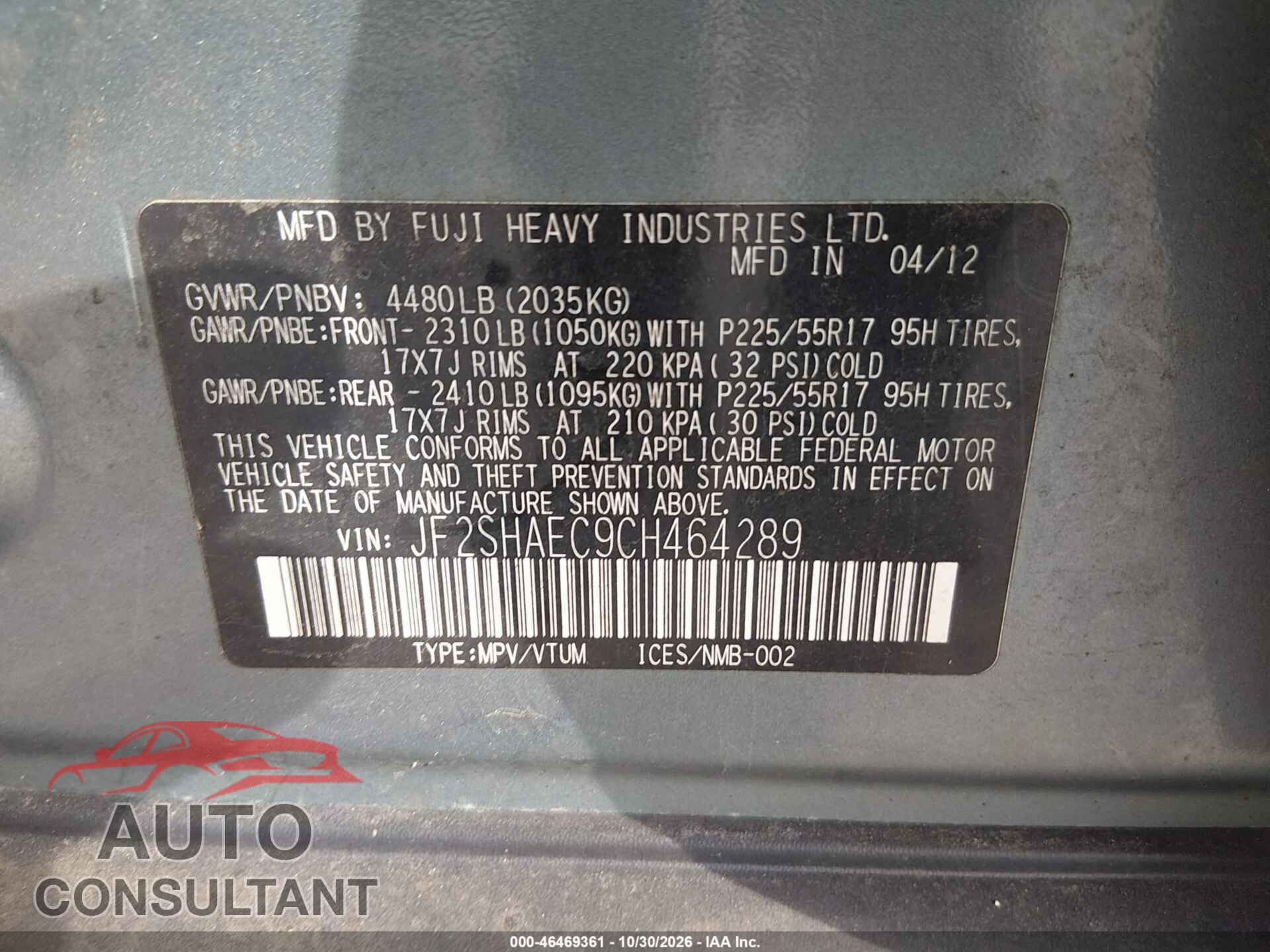 SUBARU FORESTER 2012 - JF2SHAEC9CH464289