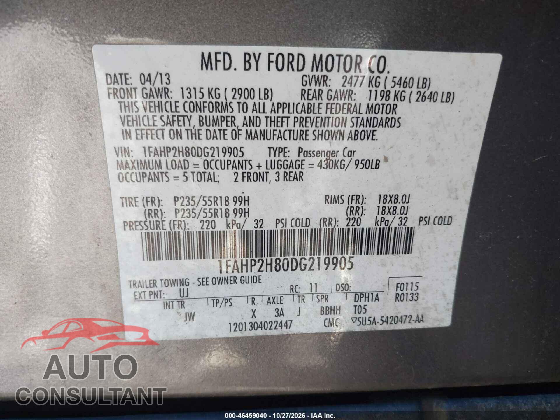 FORD TAURUS 2013 - 1FAHP2H80DG219905