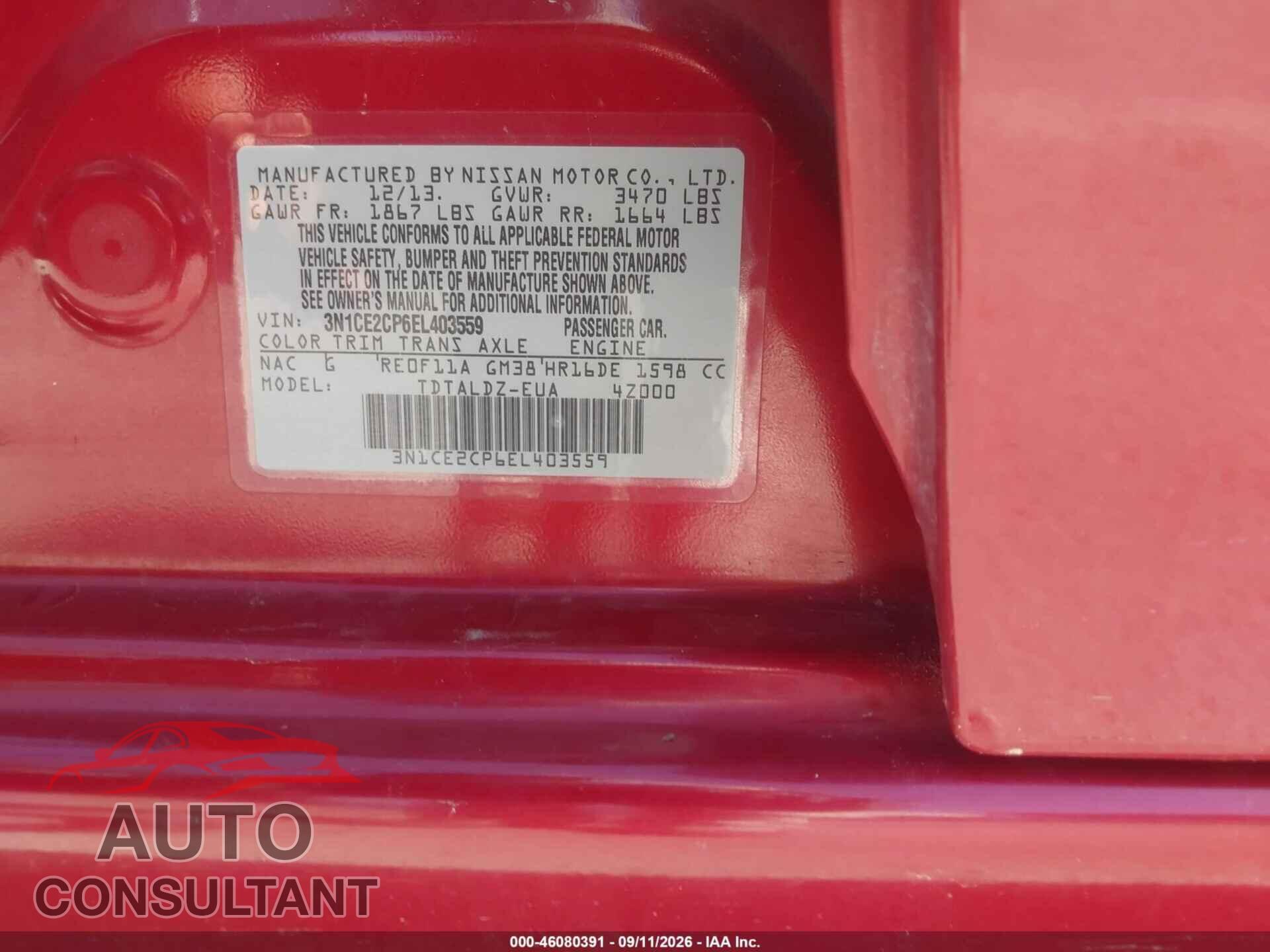 NISSAN VERSA NOTE 2014 - 3N1CE2CP6EL403559