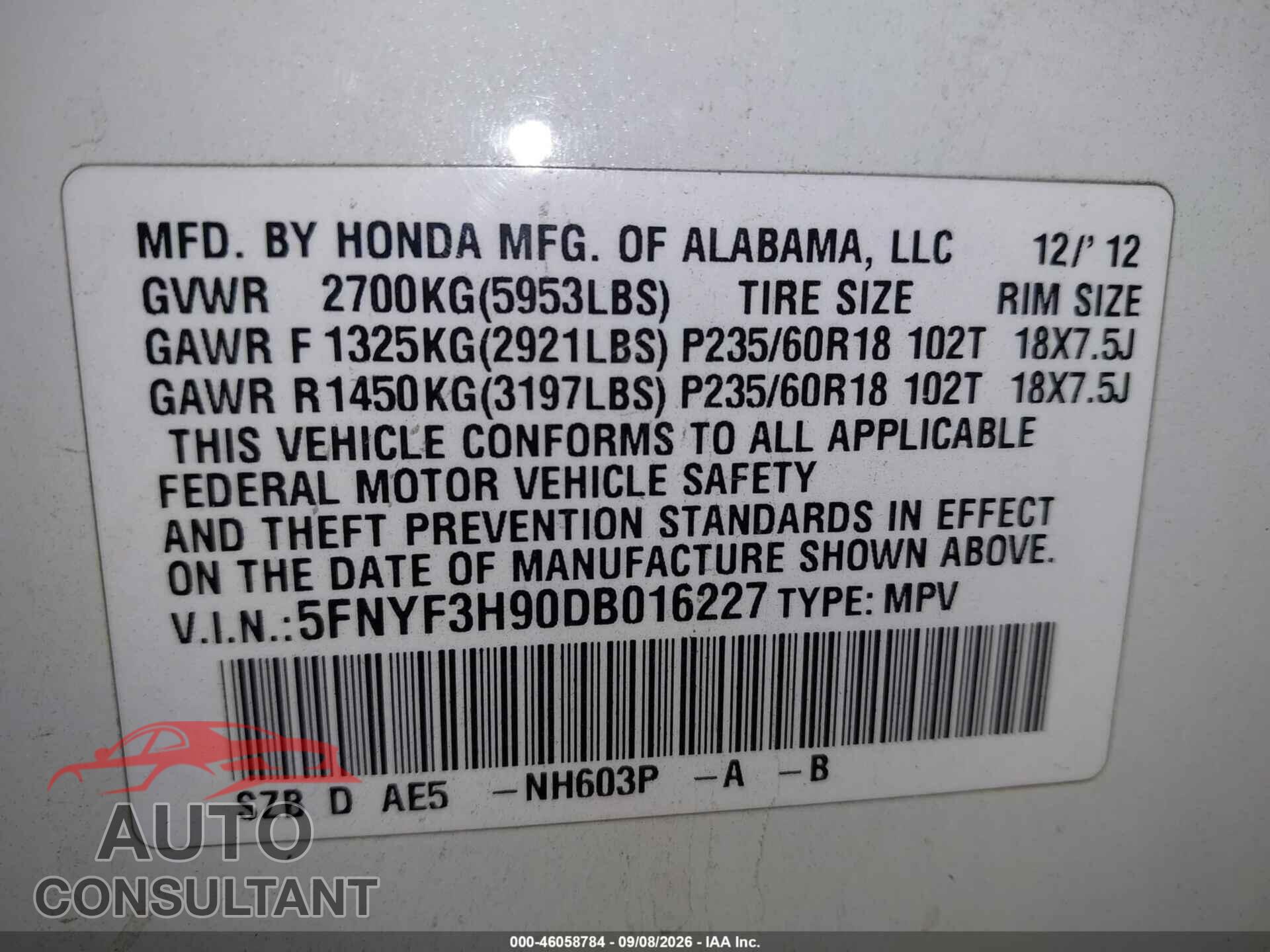 HONDA PILOT 2013 - 5FNYF3H90DB016227