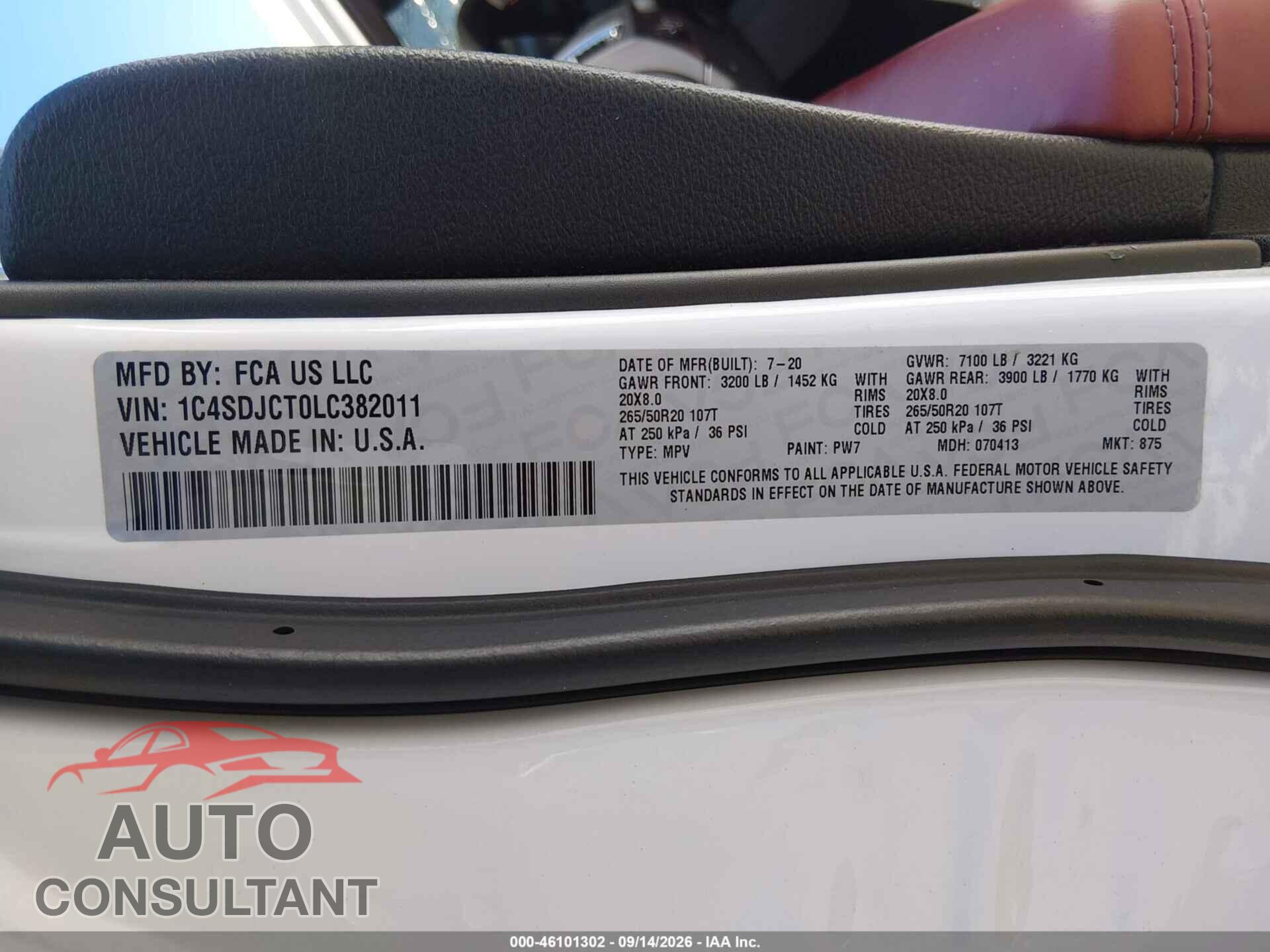 DODGE DURANGO 2020 - 1C4SDJCT0LC382011