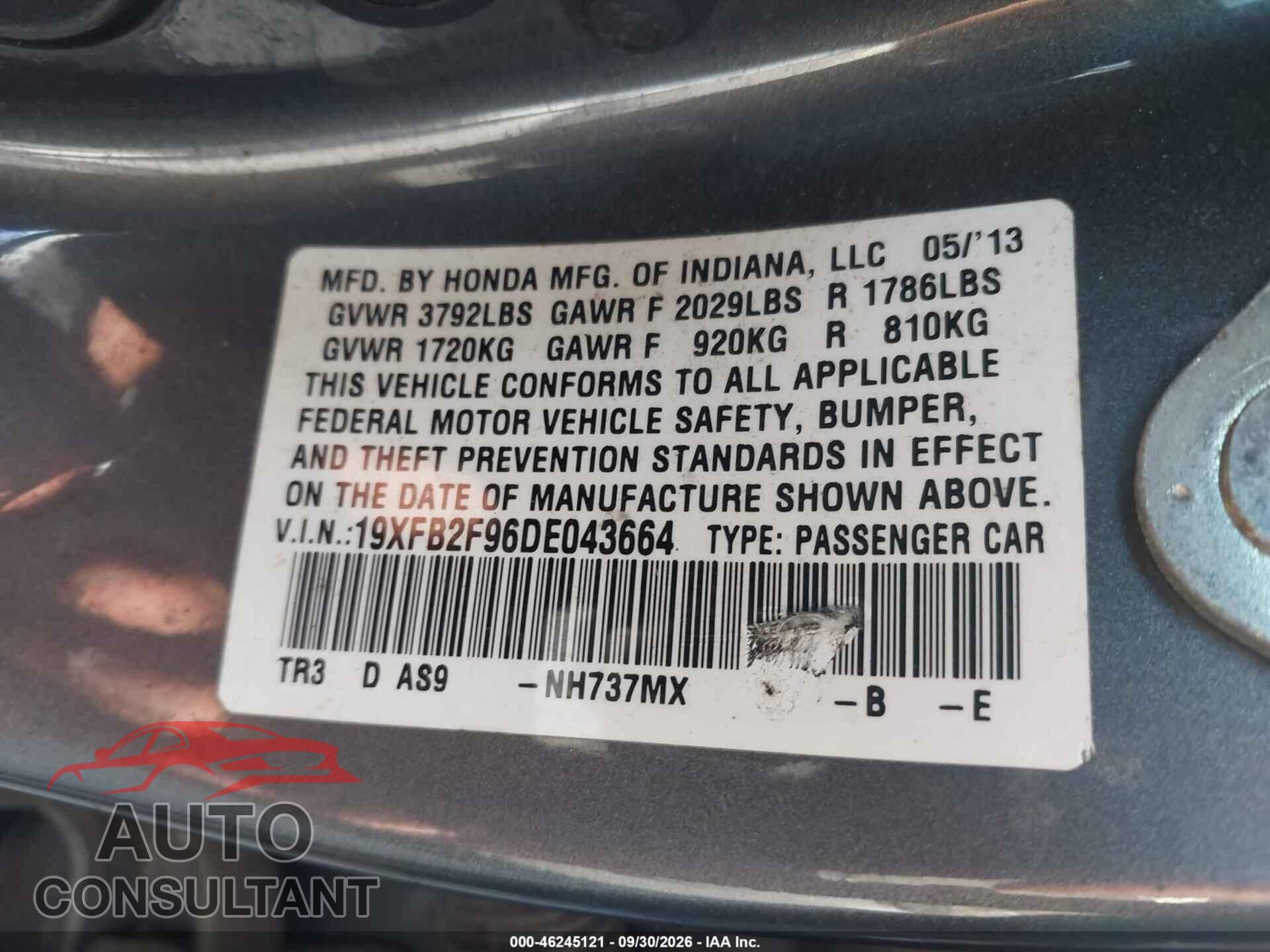 HONDA CIVIC 2013 - 19XFB2F96DE043664
