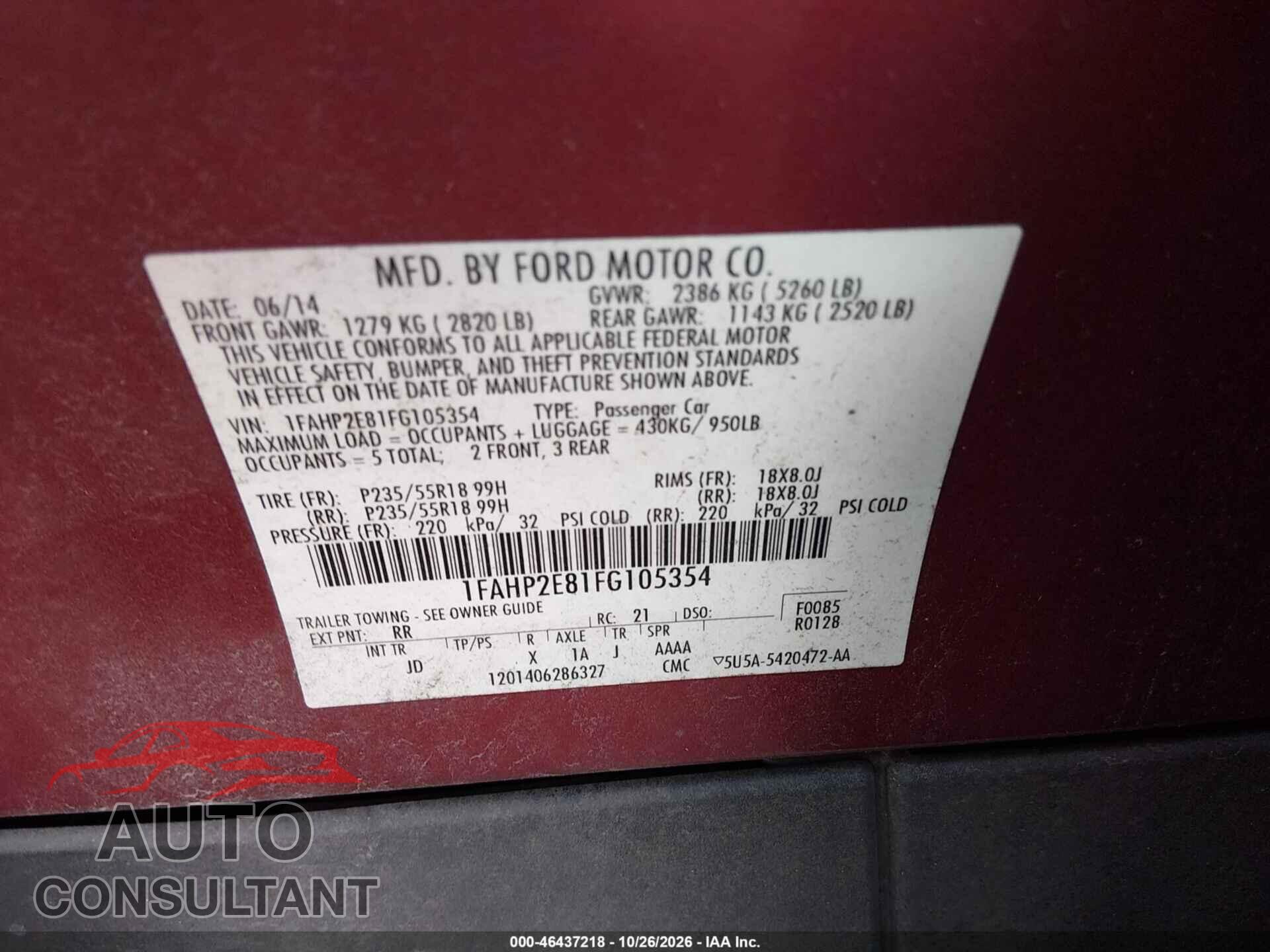 FORD TAURUS 2015 - 1FAHP2E81FG105354