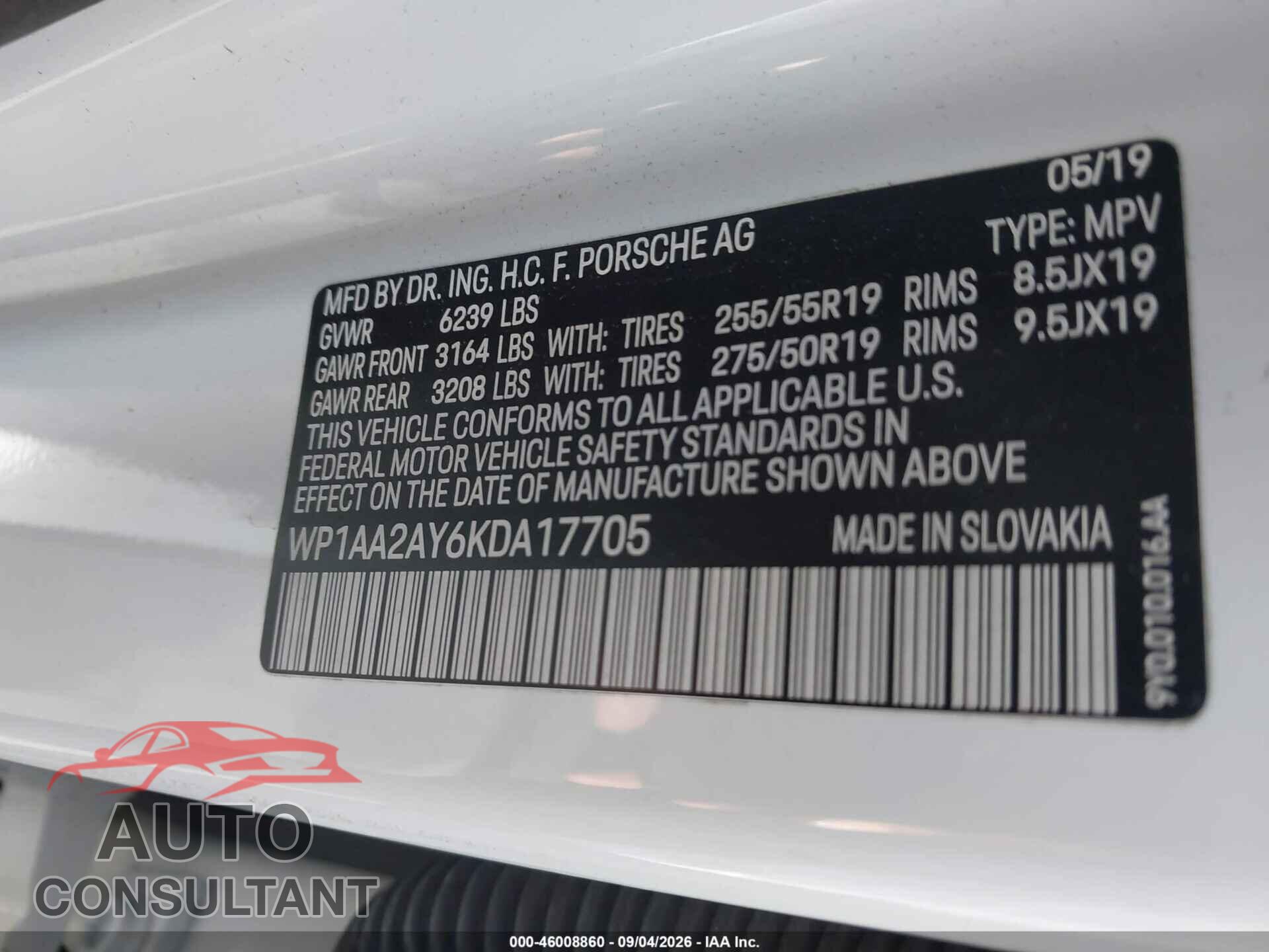 PORSCHE CAYENNE 2019 - WP1AA2AY6KDA17705