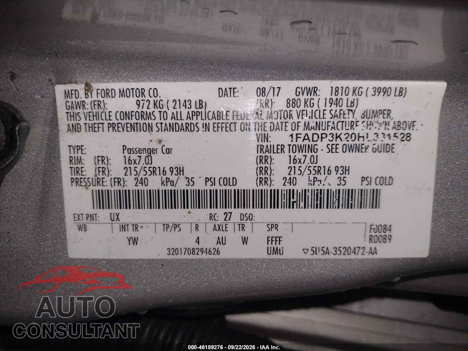 FORD FOCUS 2017 - 1FADP3K20HL331528